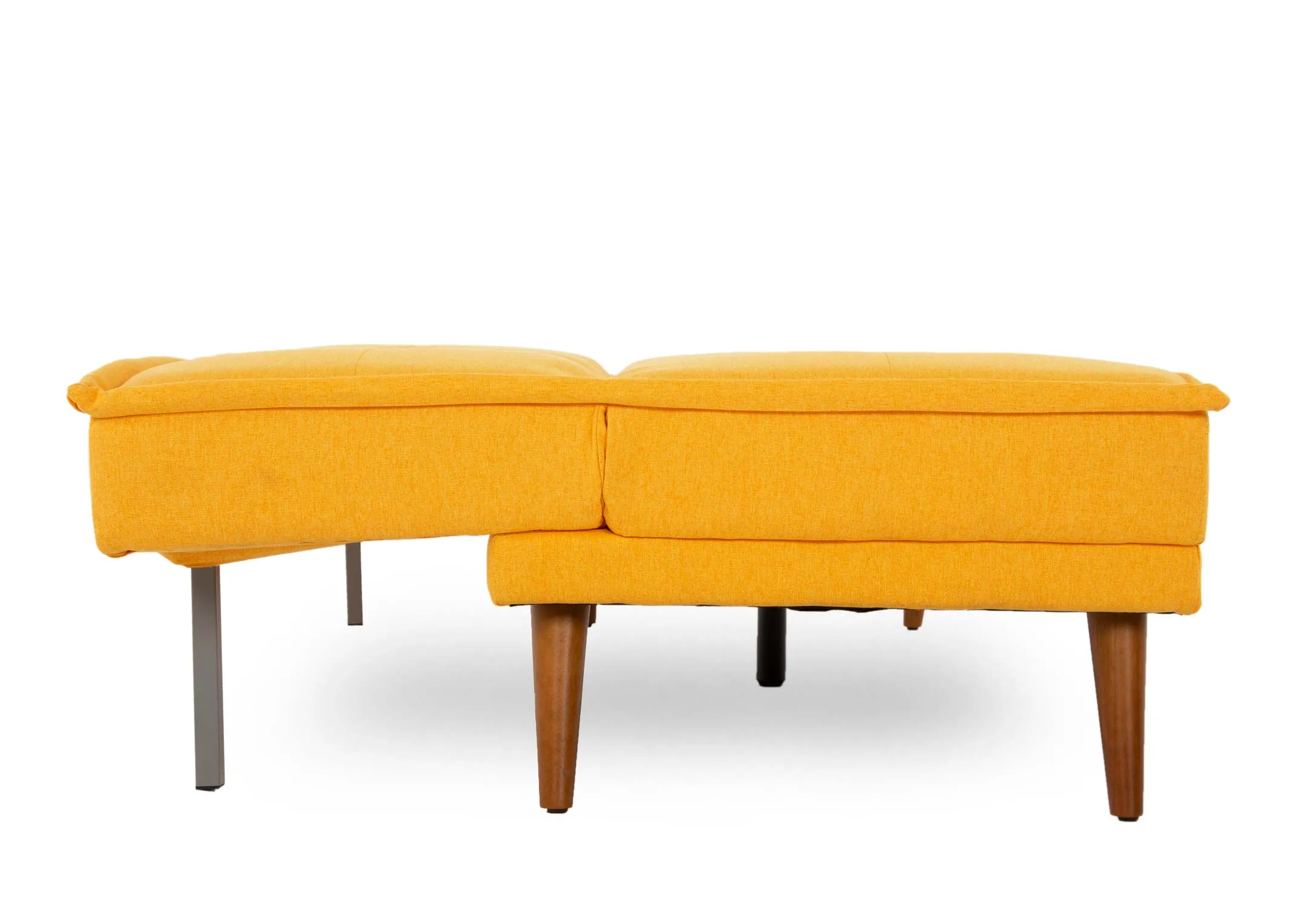 A bright yellow sofa bed from EZ Livings Seattle range. Side view of back folded into bed