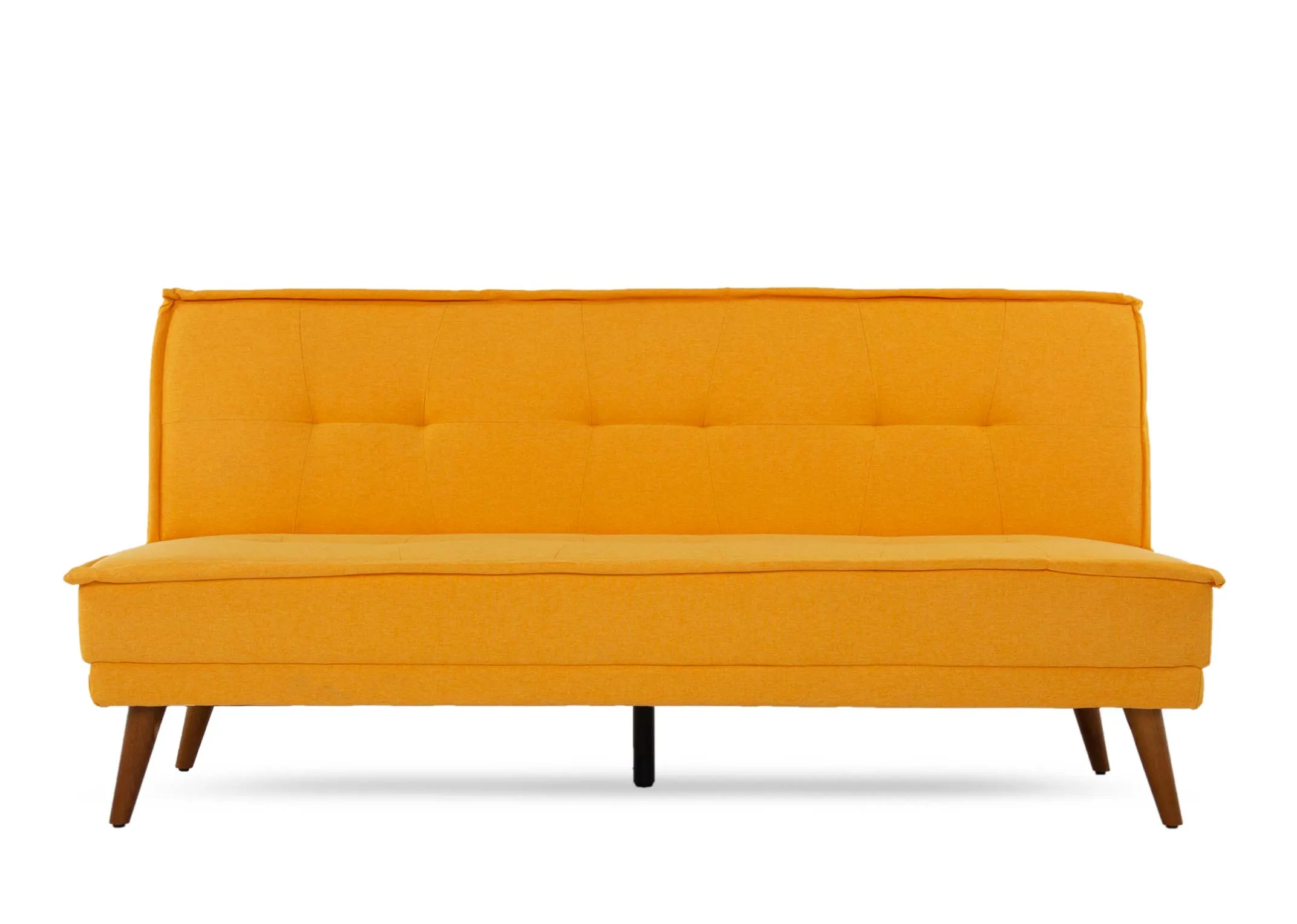 A bright yellow sofa bed from EZ Livings Seattle range. Front view of thick cushion/mattress