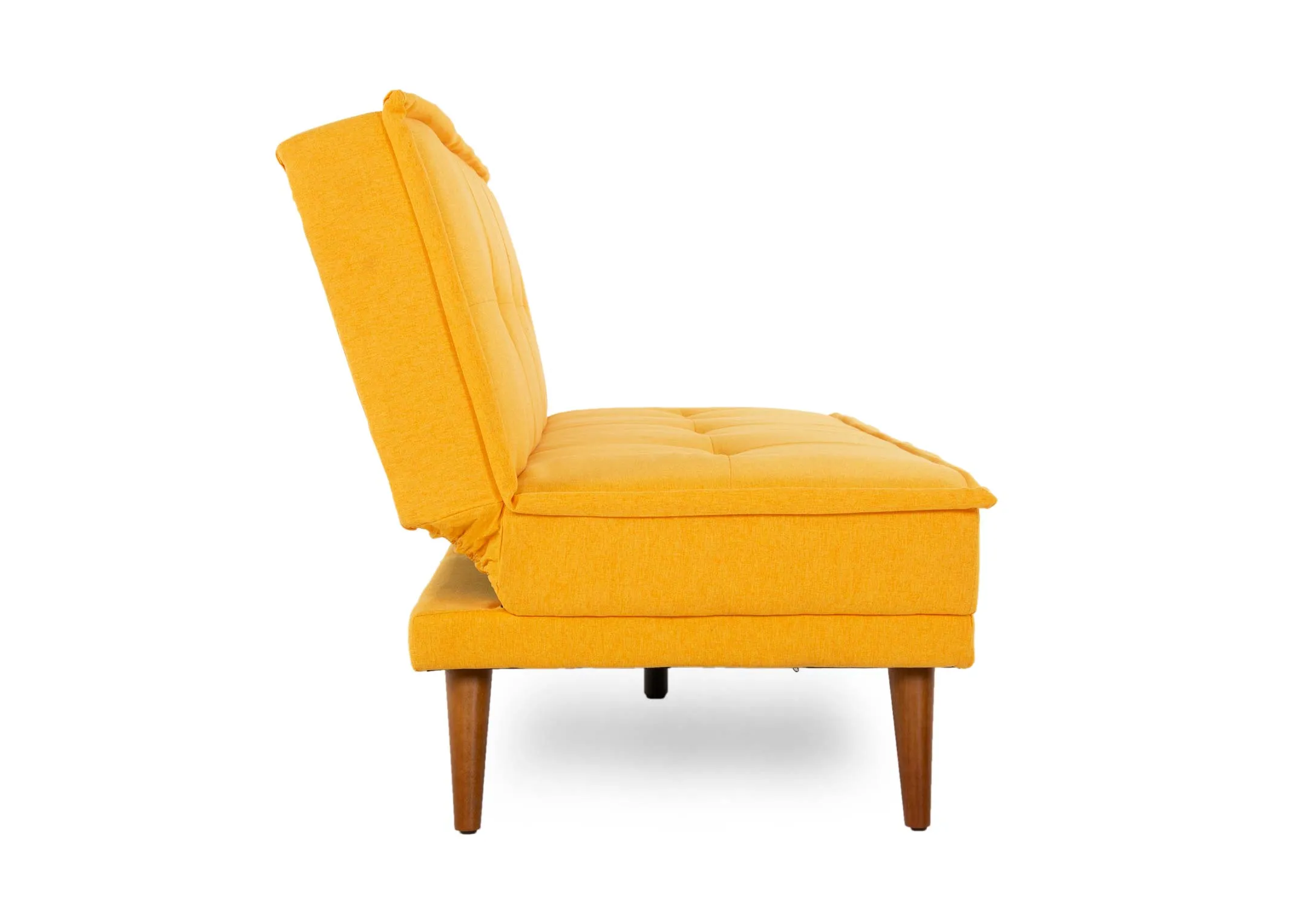 A bright yellow sofa bed from EZ Livings Seattle range. Side view of sofa in upright position