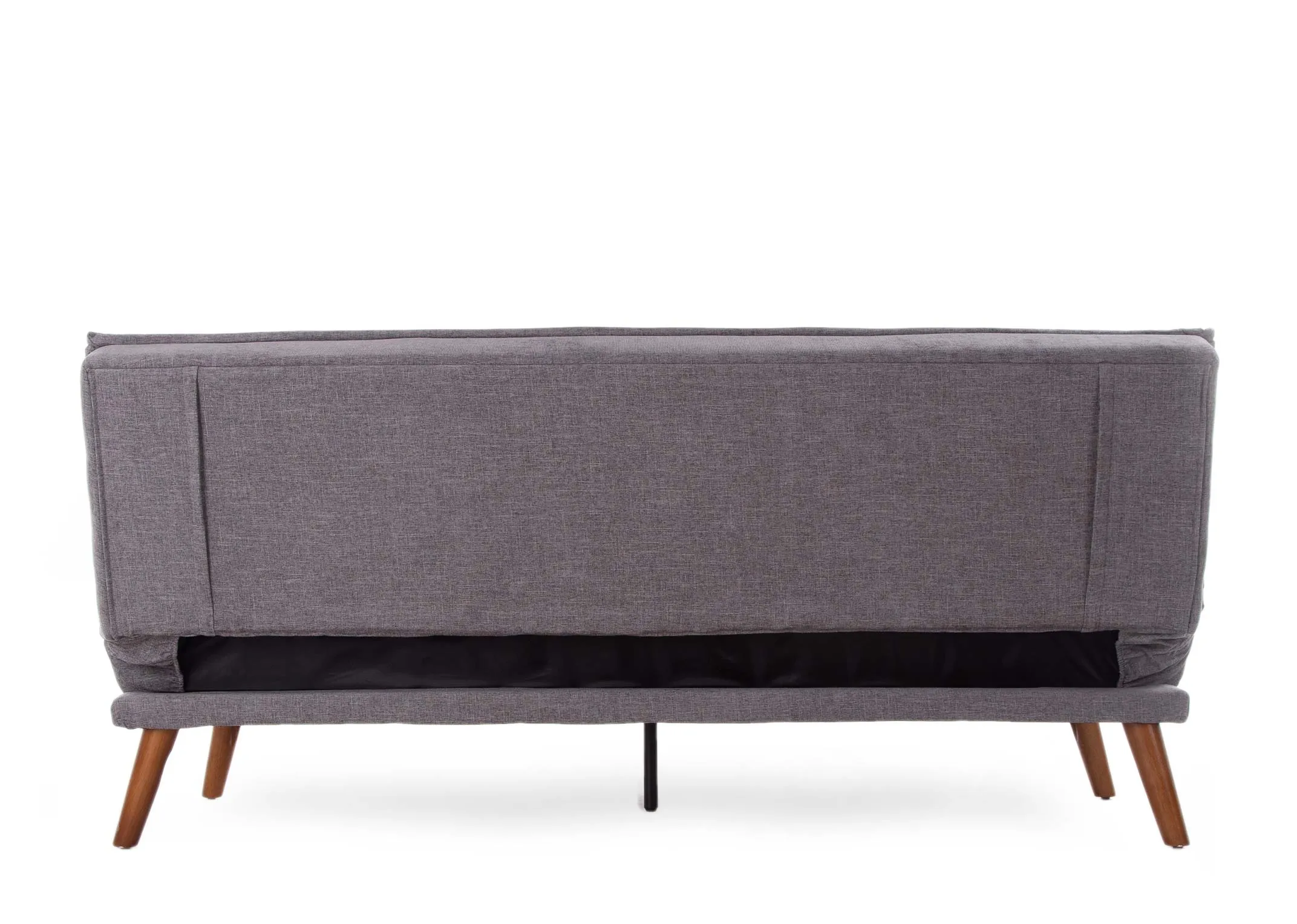 A grey fabric 3 seater sofa bed with wood feet from EZ Living Furniture's Seattle range. Back view of underside of bed