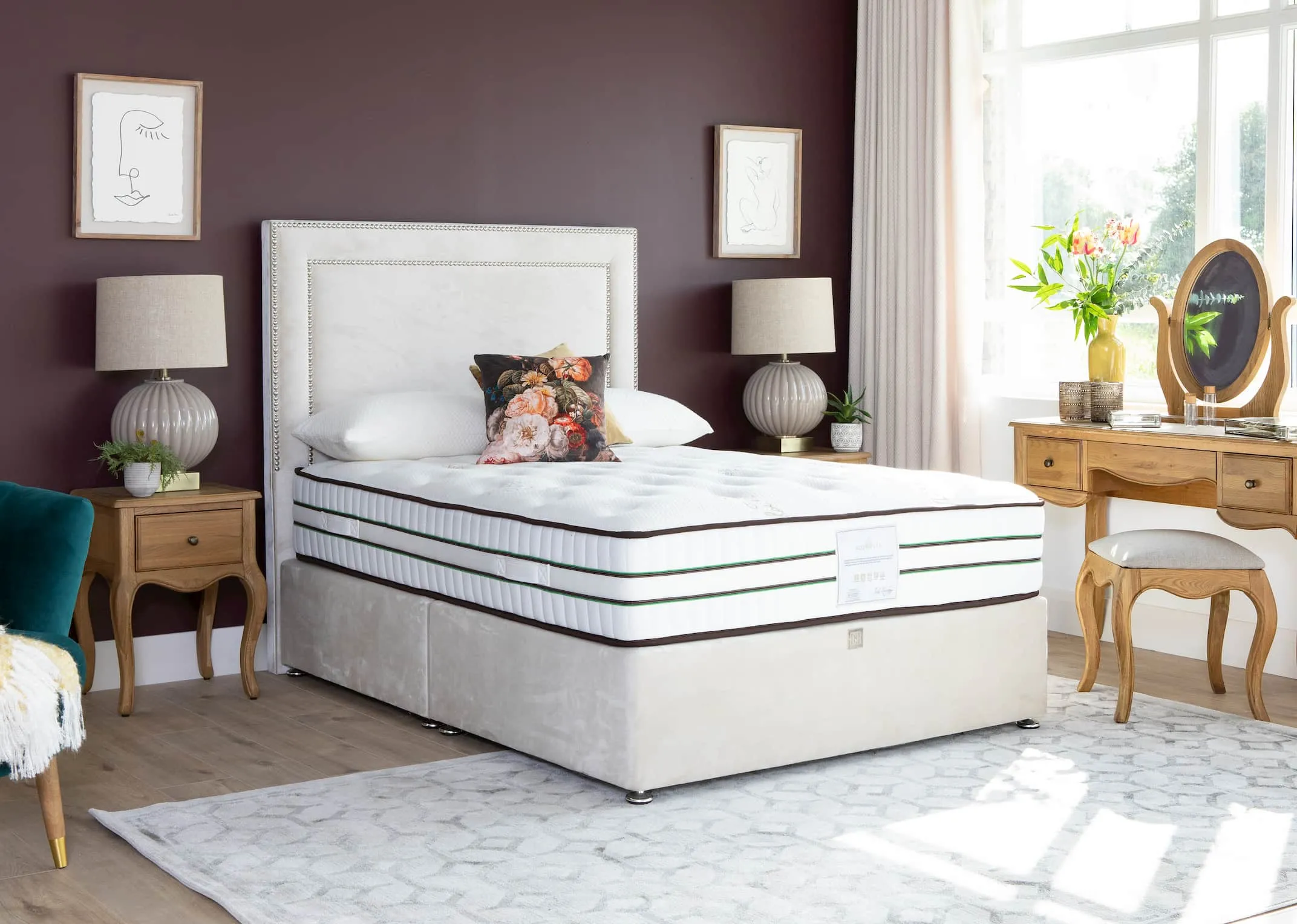 A lifestyle image of the Aloe Vera mattress with divan bed base