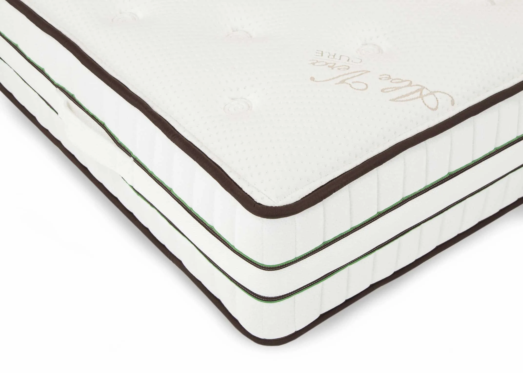 A Double (4ft 6) pocket spring mattress with dark edge detail from EZ Living Furniture's Aloe Vera Range. Closeup of edge