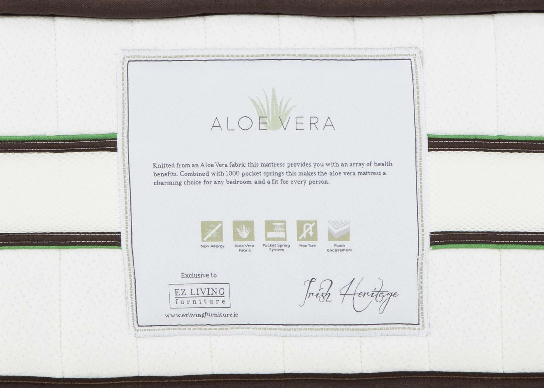 Super King (6ft) pocket spring mattress with dark edge detail from EZ Living Furniture's Aloe Vera Range. Closeup of brand