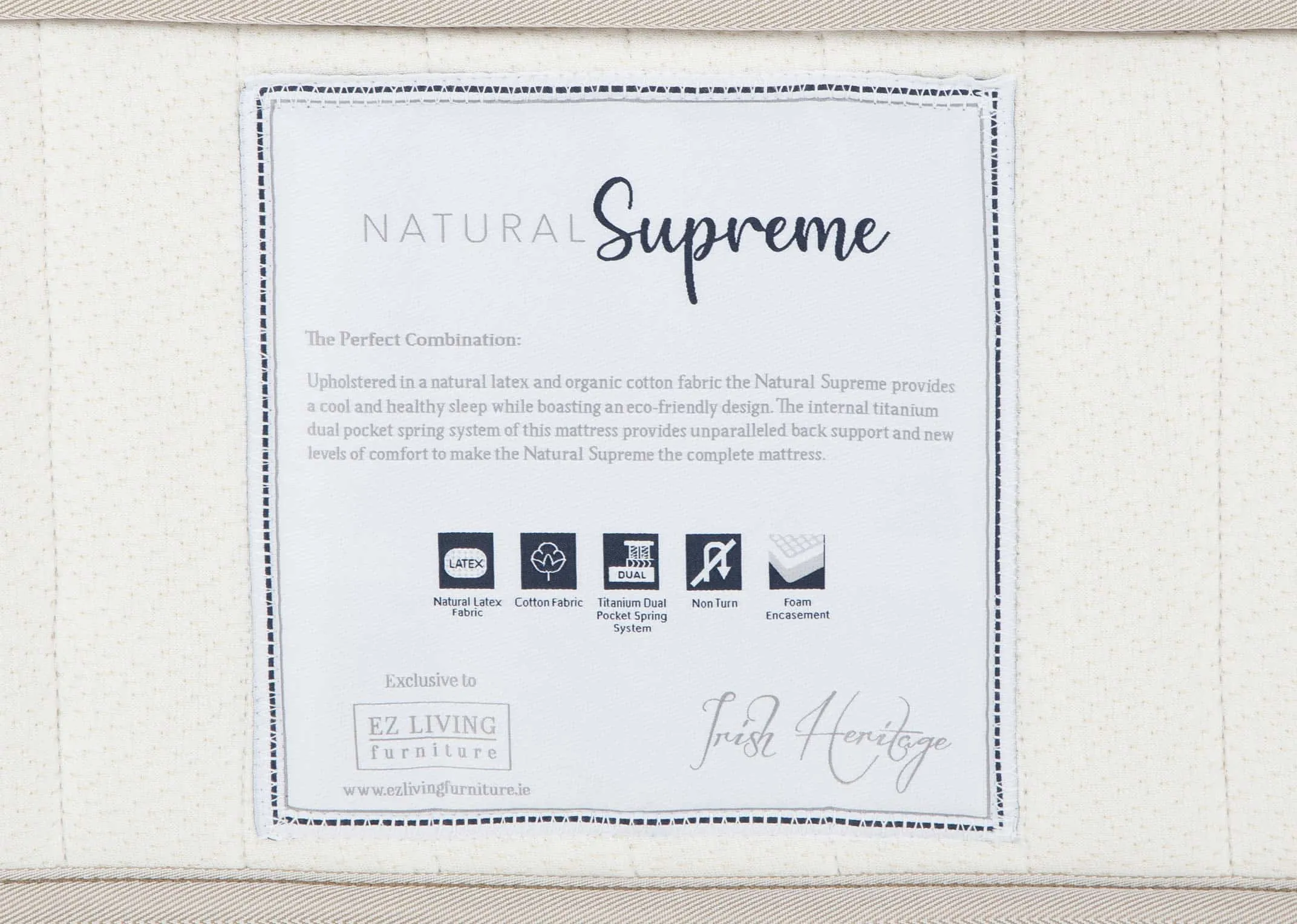 A Double (4ft6) Mattress with 5000 pocket springs from EZ Living Furniture's Natural Supreme range. Side view & Depth