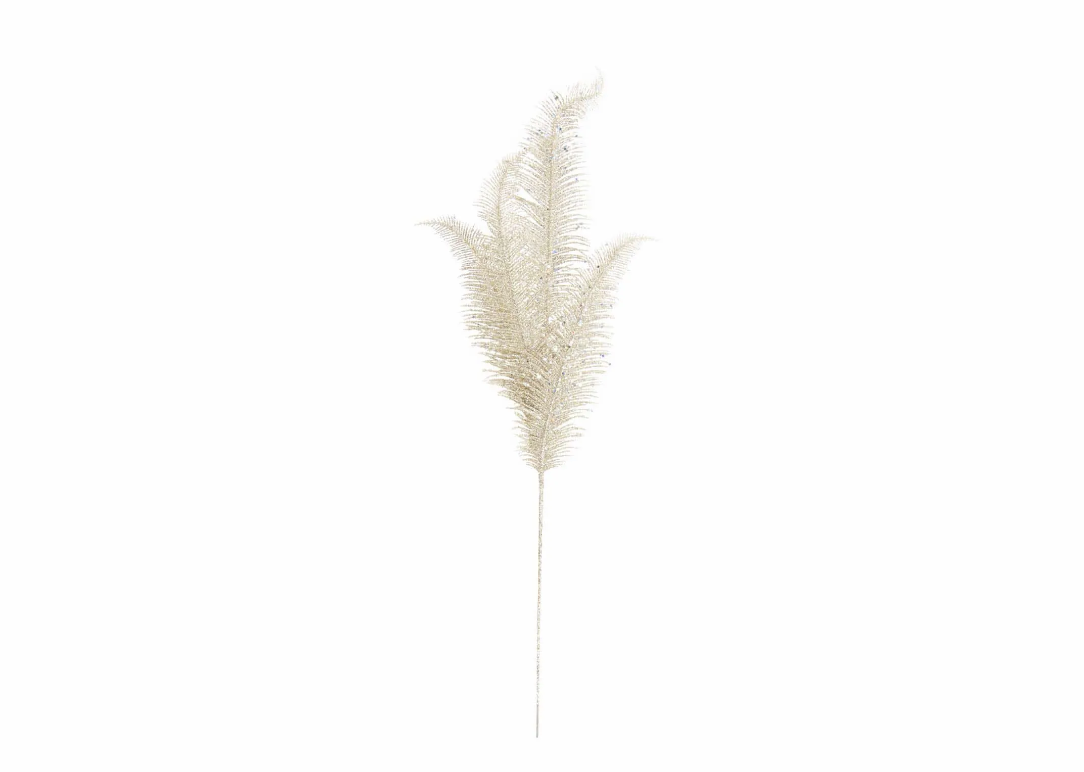 An artificial feather stem sprayed in champagne gold from EZ Living Furniture's Christmas Pick range. Front view of stem