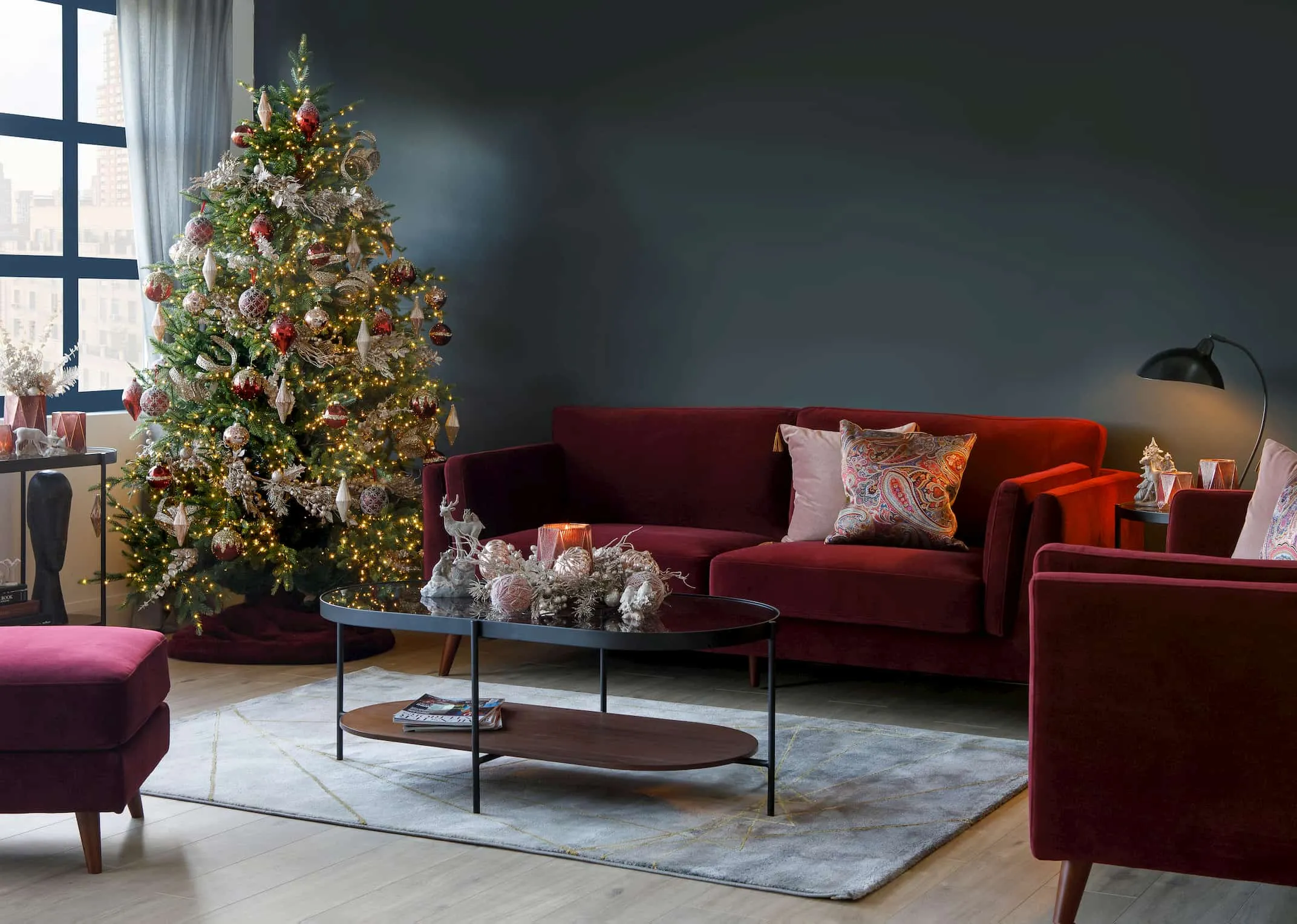 A lifestyle image of the Rockefeller 7ft Tree wkith Wine Bellini