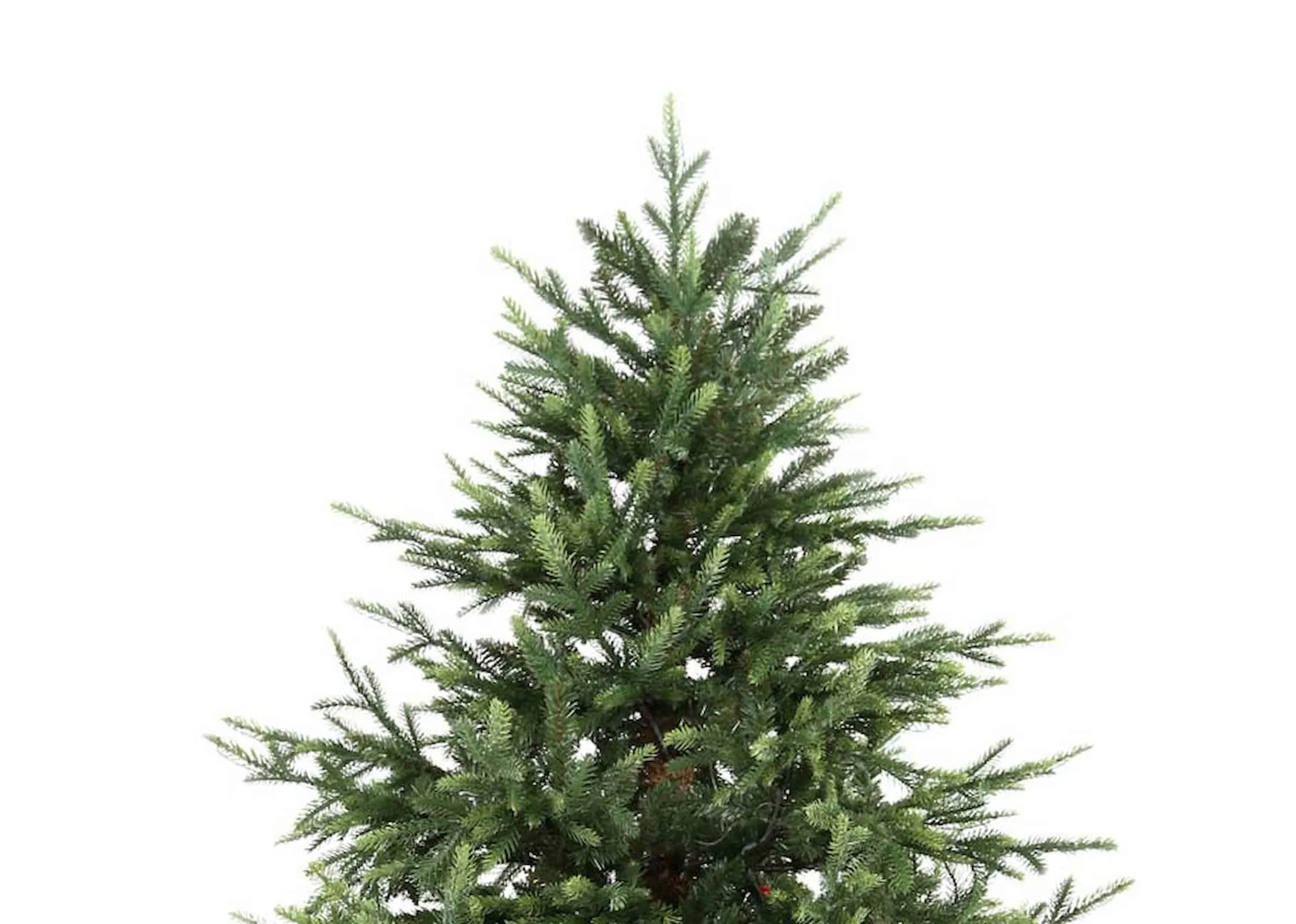 An 8ft green Christmas tree on a stand from EZ Living Furniture's Rockefeller range. Front view of tree lights off.