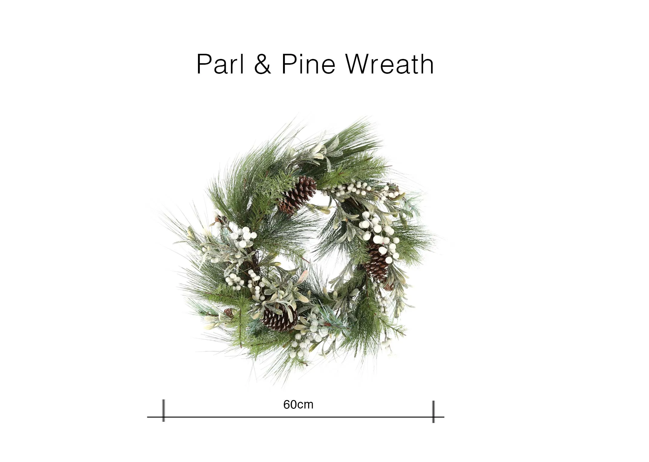 A dimension image of the Pearl & Pine Wreath with 60cm (Width)