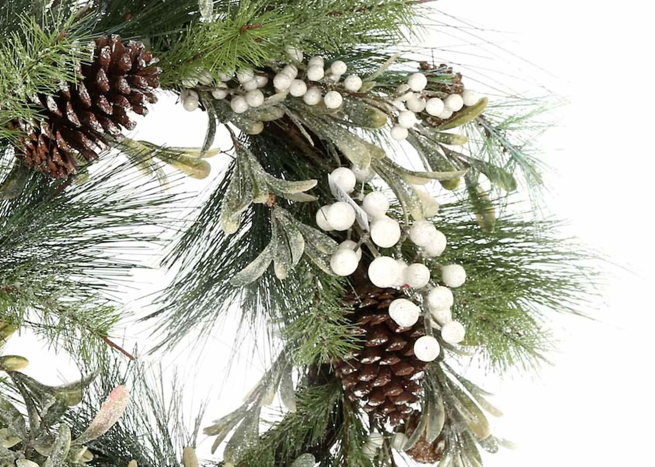 A pine wreath with pearls & pine cones from EZ Living Furniture's Christmas range. Closeup of pearl & detail