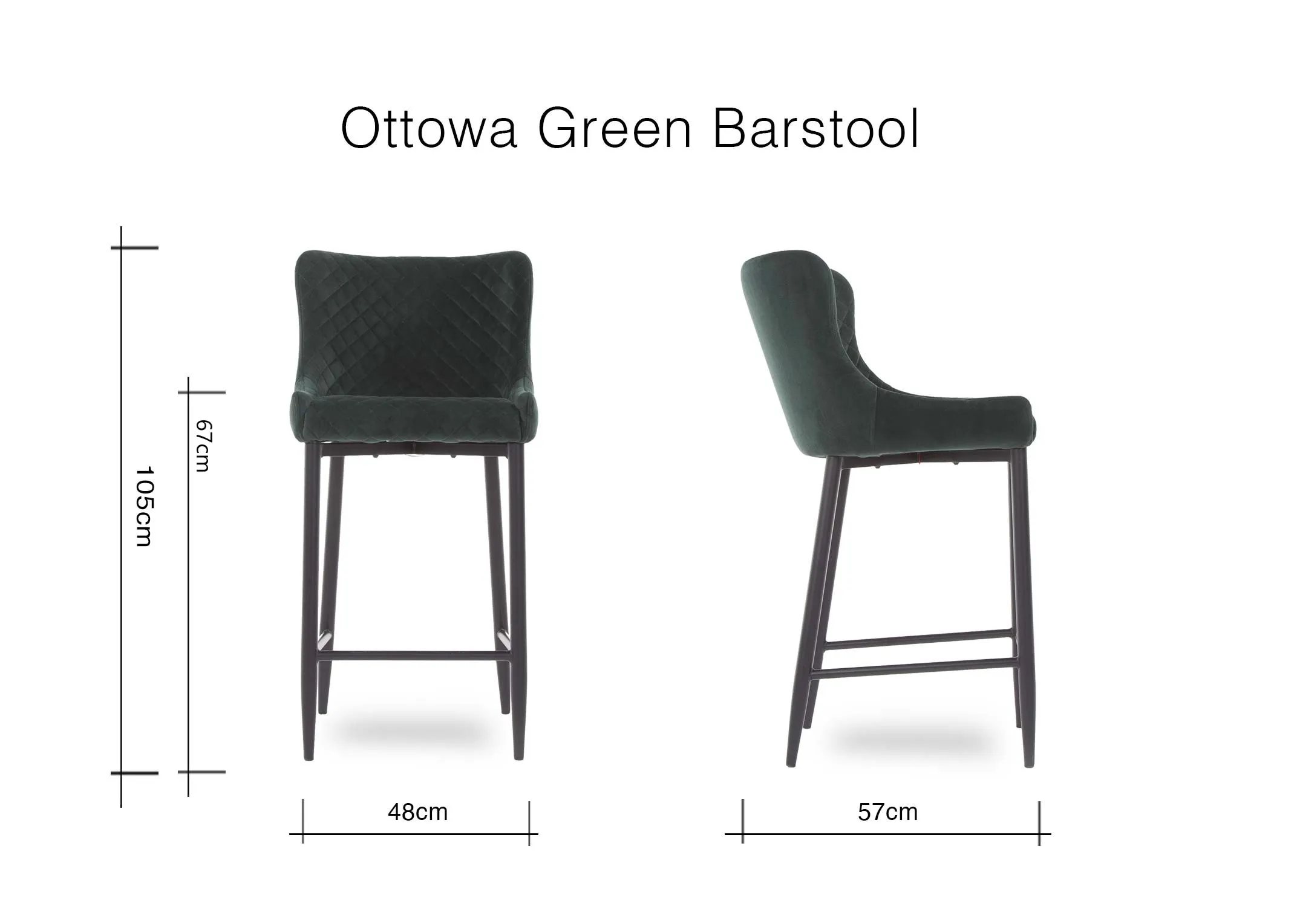 A dimension image of the Ottowa Counter Bar Stool with 48cm (Width) x 57cm (Depth) x 96cm (Height) x 67cm (Seat)