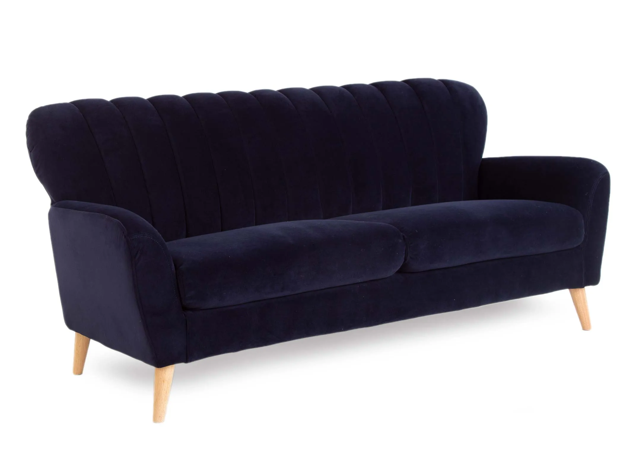 A 3 seater navy velvet curved back sofa with wood feet from EZ Living Furniture's Harper range. Angled view of plush velvet.