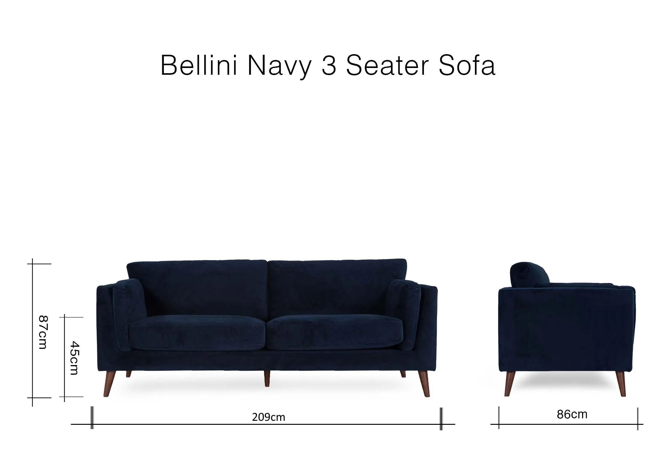 A dimension image of the Bellini 3 Seater Sofa with 209cm (Width) x 86cm (Depth) x 87cm (Height)