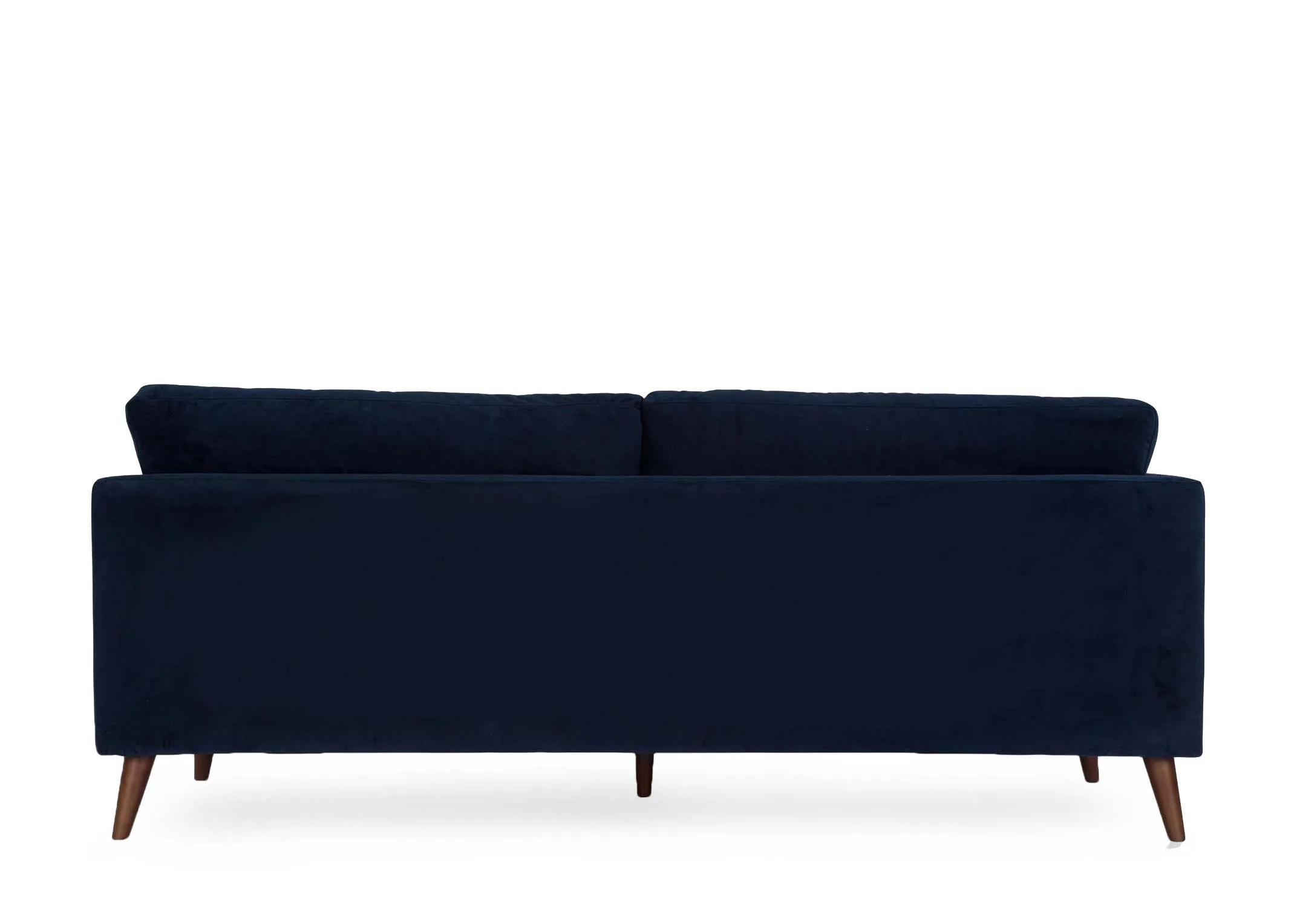 A navy velvet 3 seater sofa with walnut legs from EZ Living Furniture's Bellini range. Side view of depth