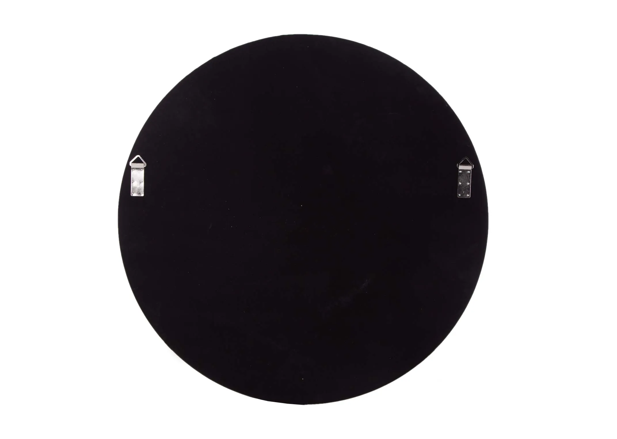 A large round mirror with black trim from EZ Living Furniture's Elling range. Back view of mirror shows wall fittings