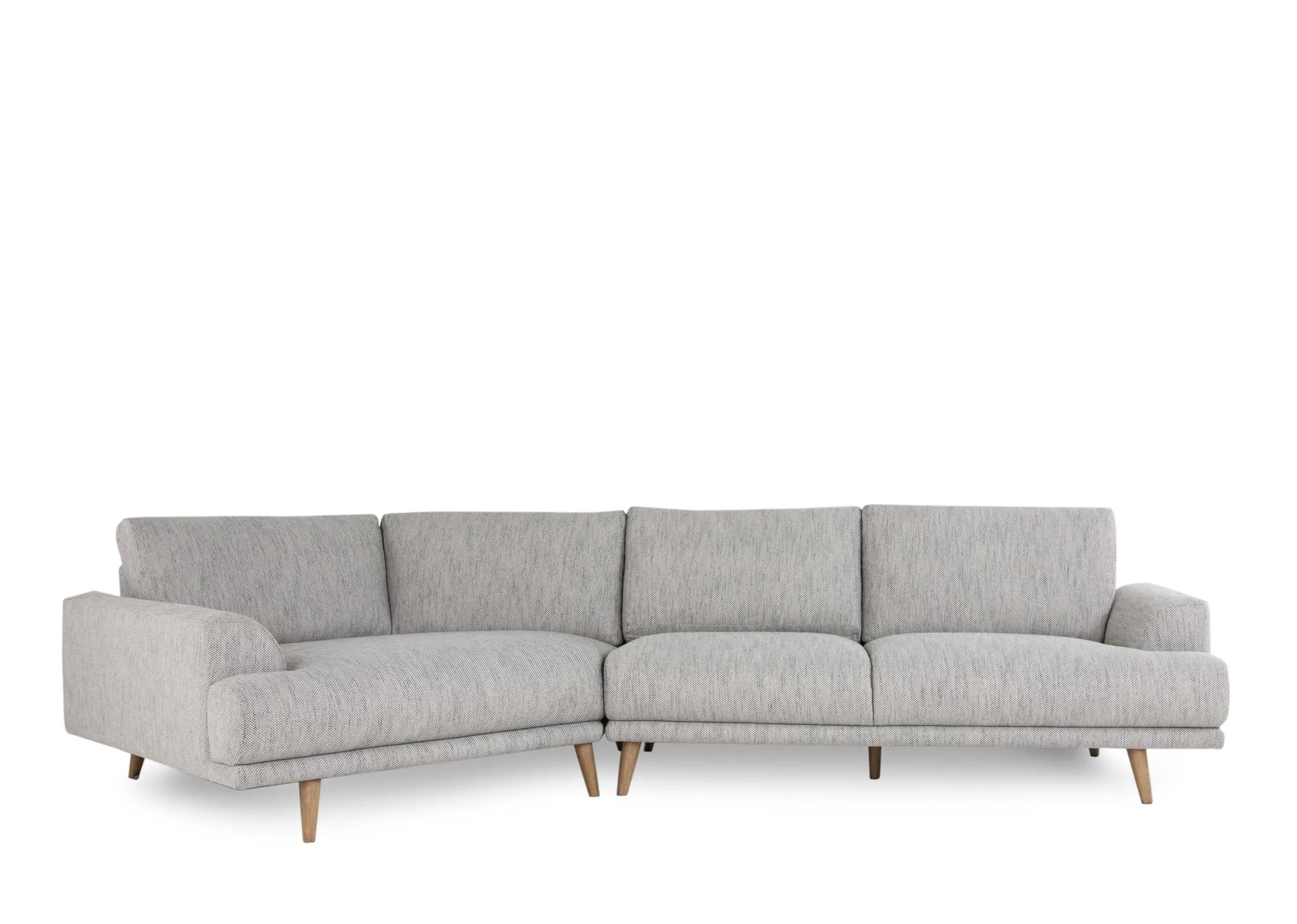 A grey fabric corner to the left sofa with oak legs from EZ Living Furnitures Legend range. Front view of angled sofa.