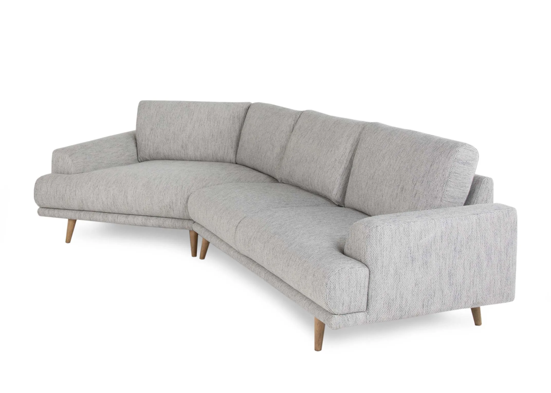 A grey fabric corner to the left sofa with oak legs from EZ Living Furnitures Legend range.Angled view of oak feet