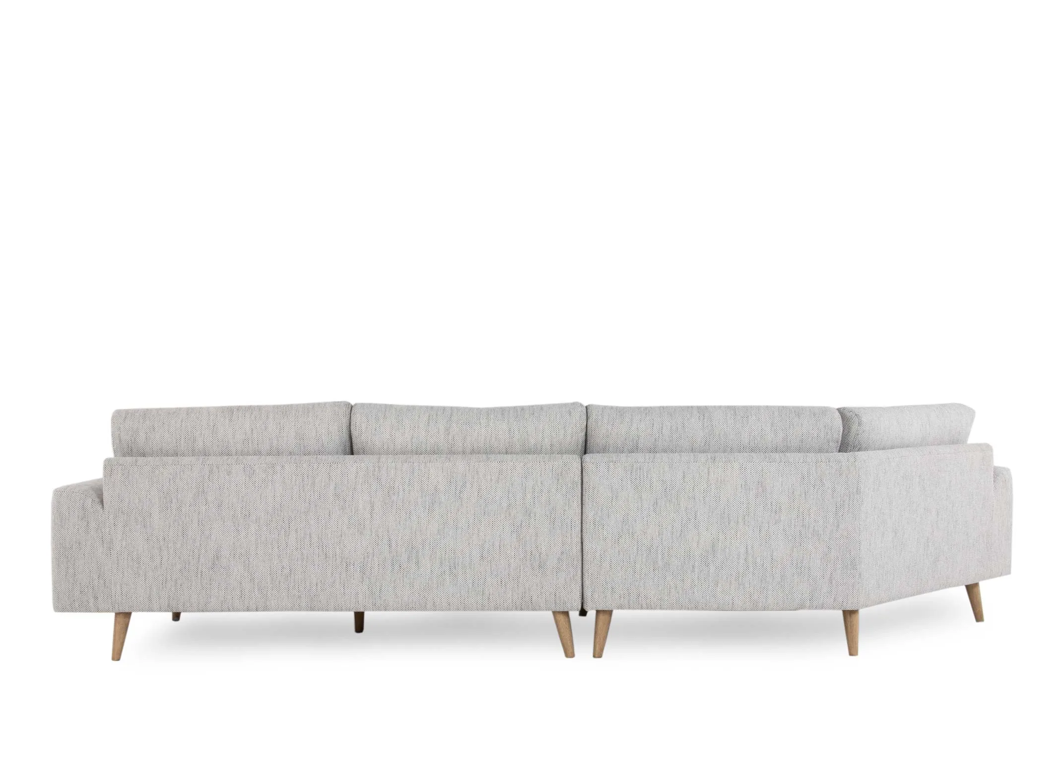 A grey fabric corner to the left sofa with oak legs from EZ Living Furnitures Legend range. Back view of warrantied frame