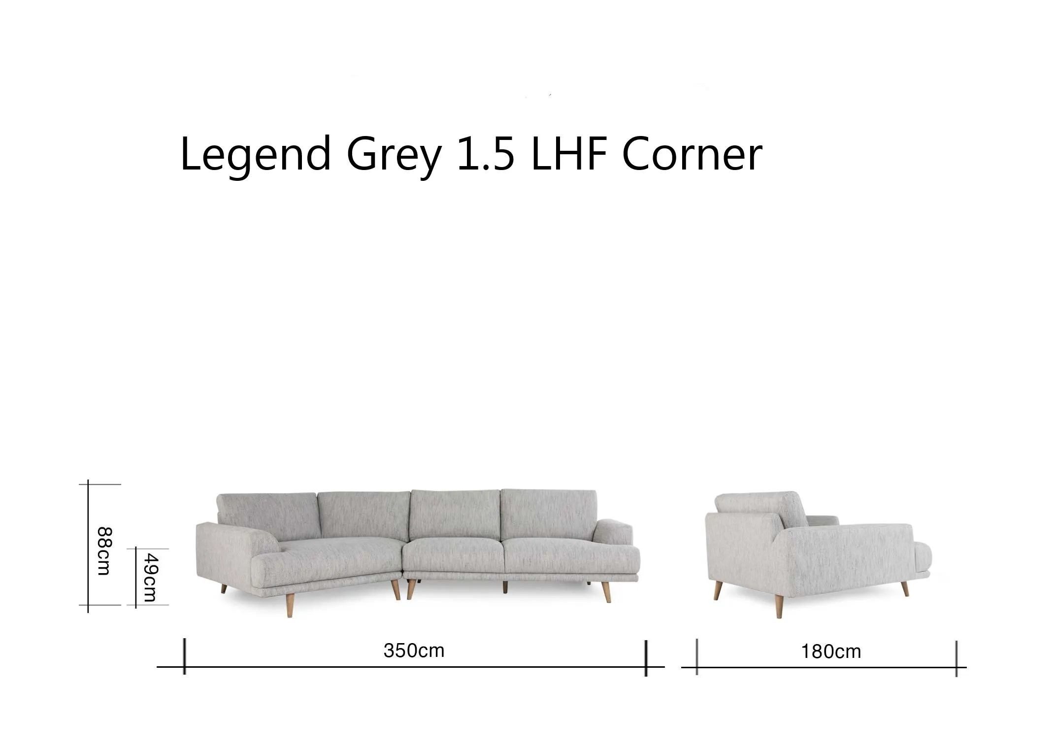 A dimension image of the Legend Corner Group angled to left with 350cm (Width) x 180cm (Depth) x 88cm (Height)