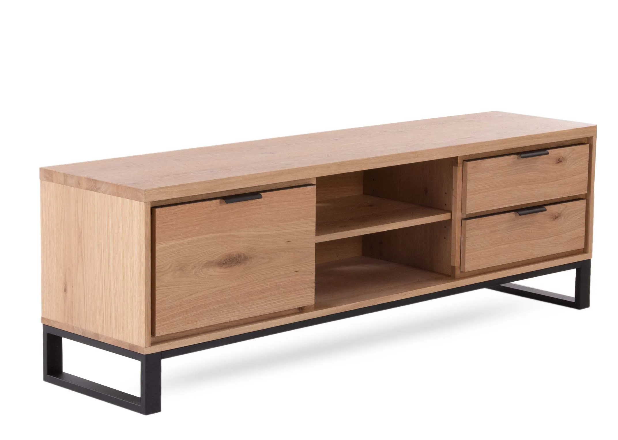A natural oak tv unit with metal legs from EZ Living Furniture's Livorno range. Angled view of 1 door & 2 drawers