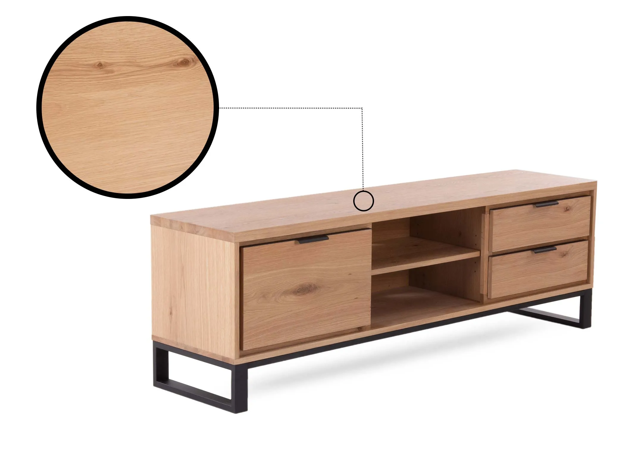 A natural oak tv unit with metal legs from EZ Living Furniture's Livorno range. Angled view shows a closeup of wood grain
