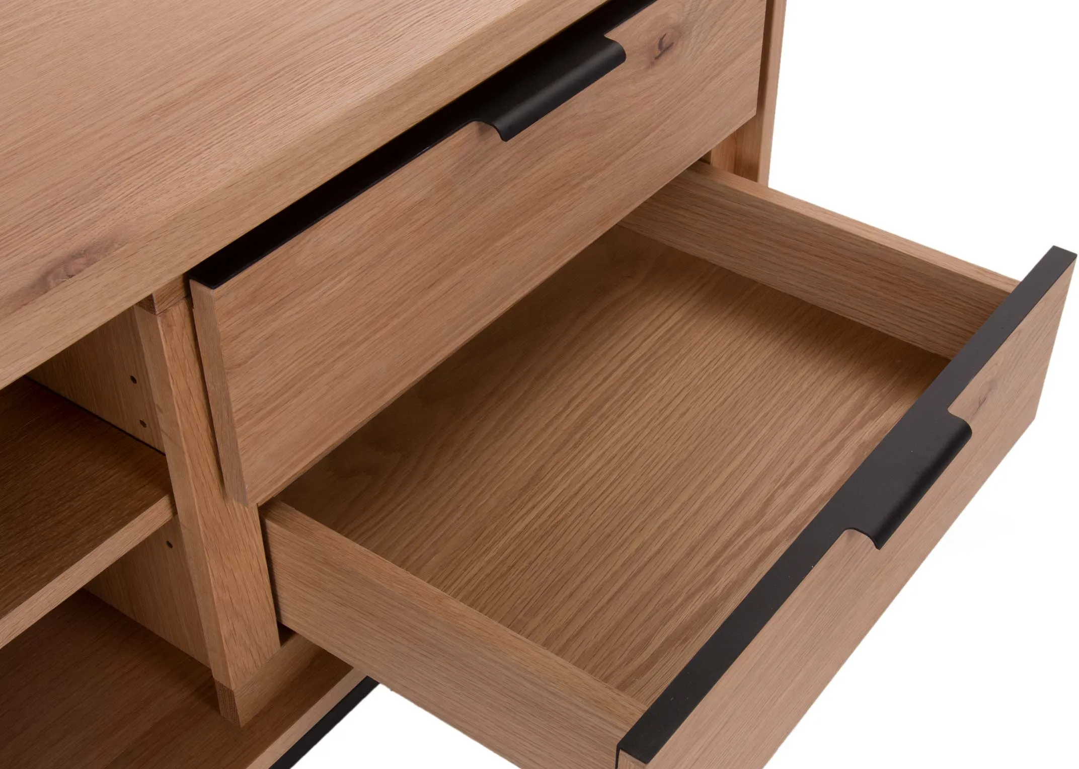 A natural oak tv unit with metal legs from EZ Living Furniture's Livorno range. Closeup of drawer interior