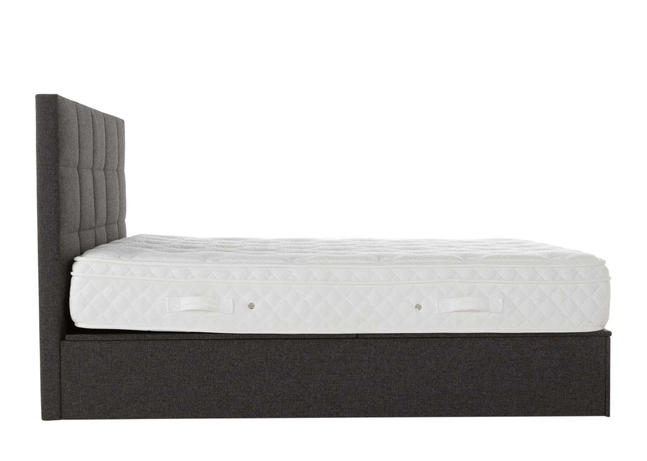 A grey fabric ottoman bedframe from EZ Living Furniture's Ottoman range. Side view with mattress