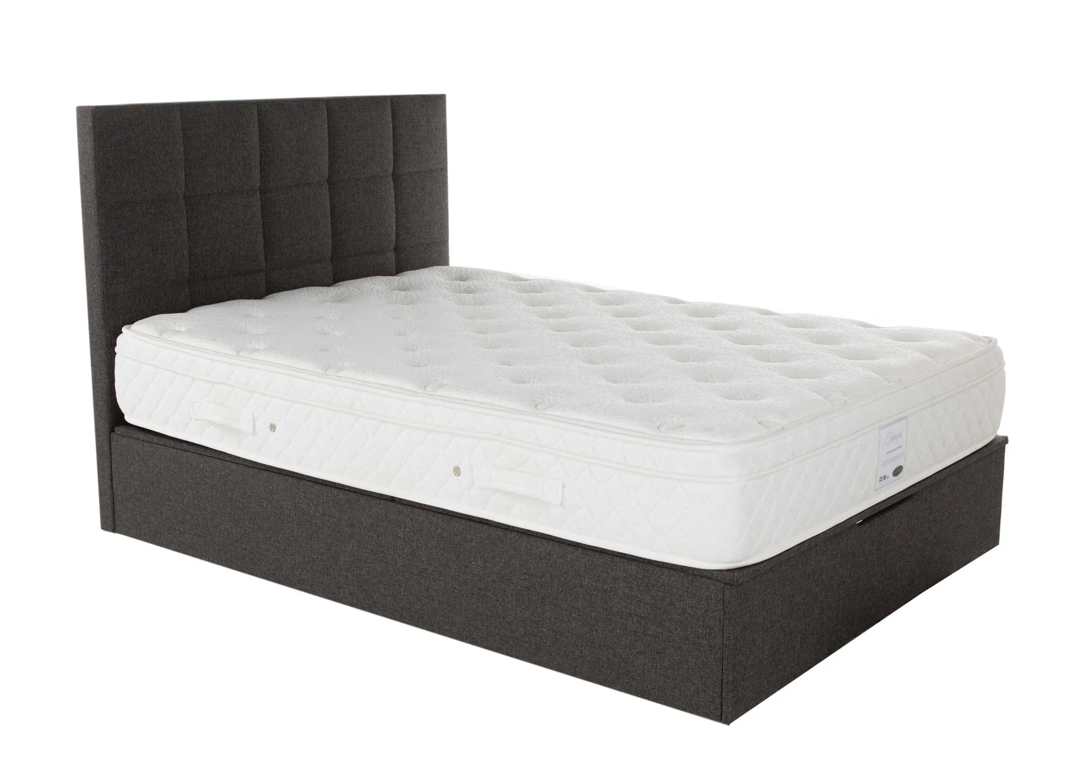 A grey fabric ottoman bedframe from EZ Living Furniture's Ottoman range. Angled view with mattress.