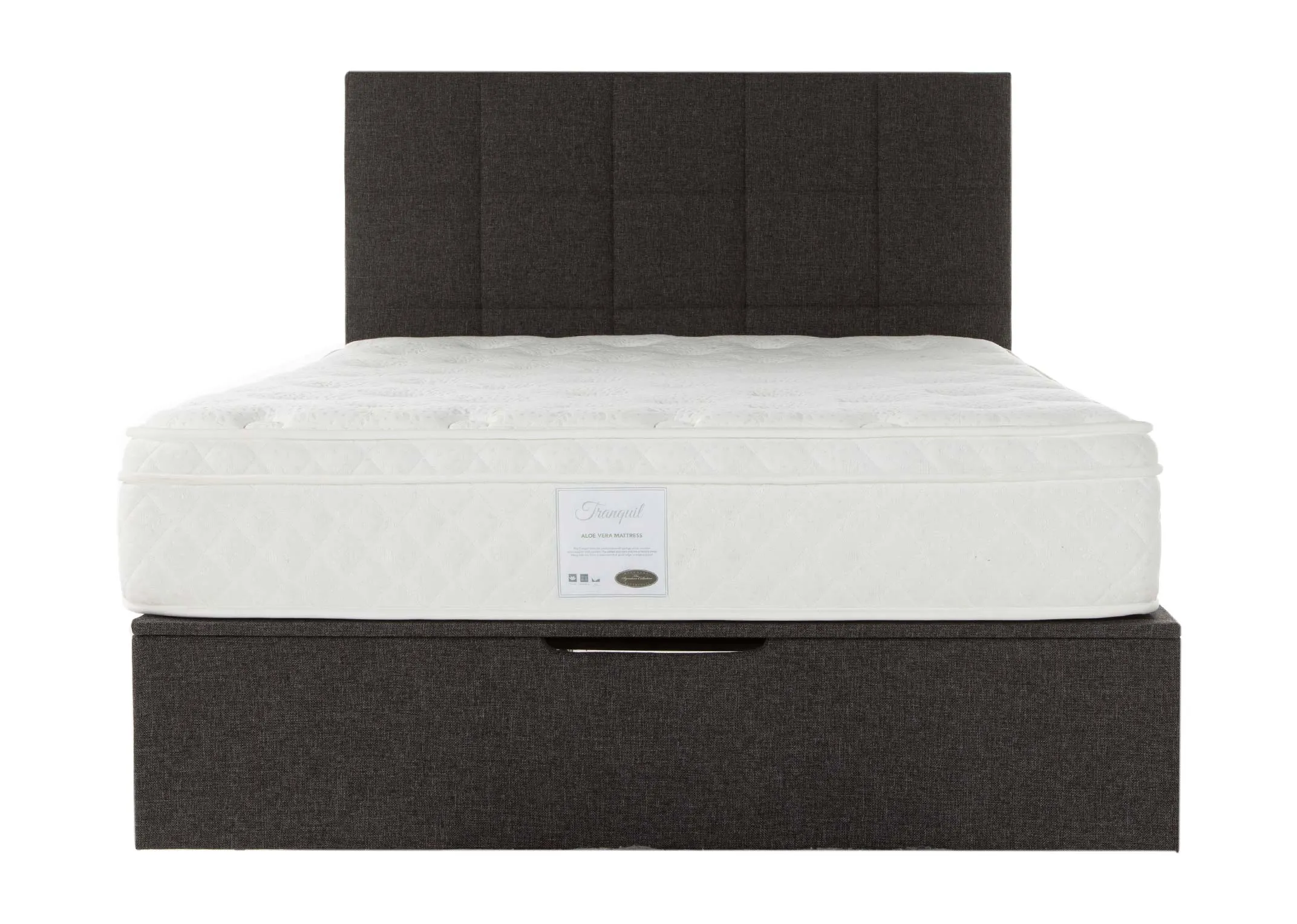 A grey fabric ottoman bedframe from EZ Living Furniture's Ottoman range. Front view of cubed pattern headboard