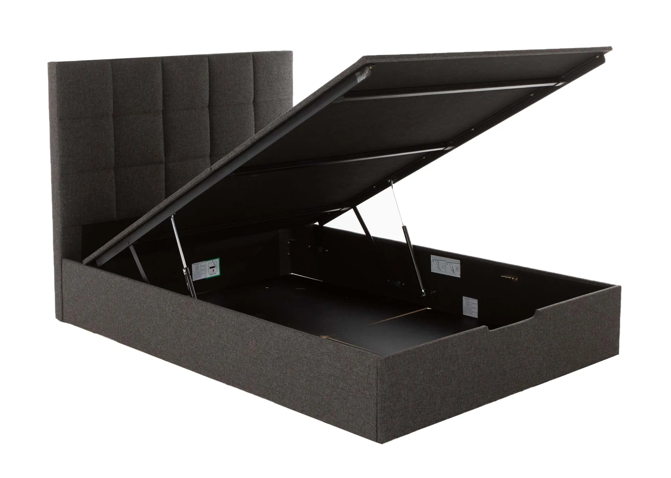 A grey fabric ottoman bedframe from EZ Living Furniture's Ottoman range. Angled view with storage on show