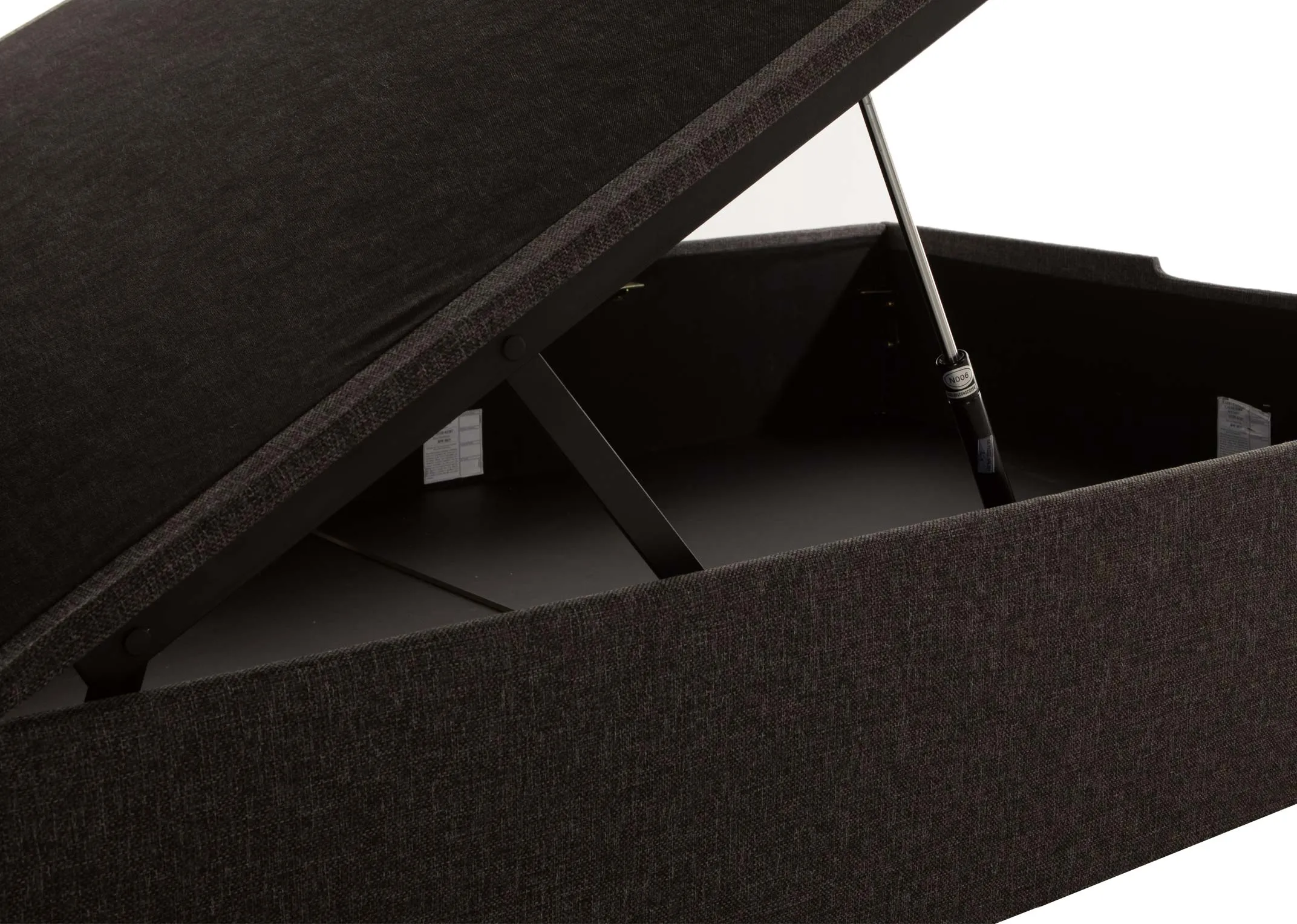 A grey fabric ottoman bedframe from EZ Living Furniture's Ottoman range. Closeup of hinge ottoman