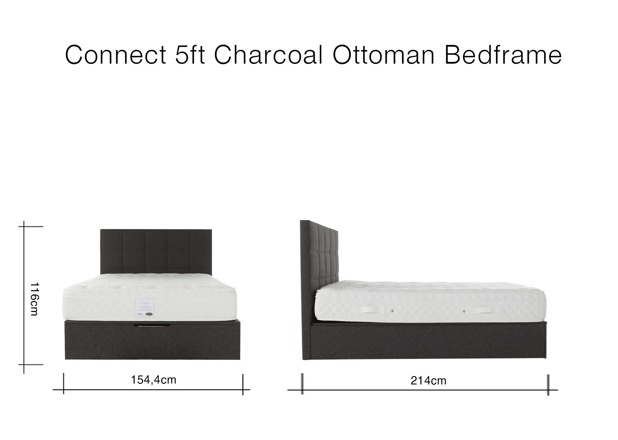A dimension image of the Connect 5ft Ottoman bedframe with 154.5cm (Width) x 214cm (Length) x 116cm (Height)
