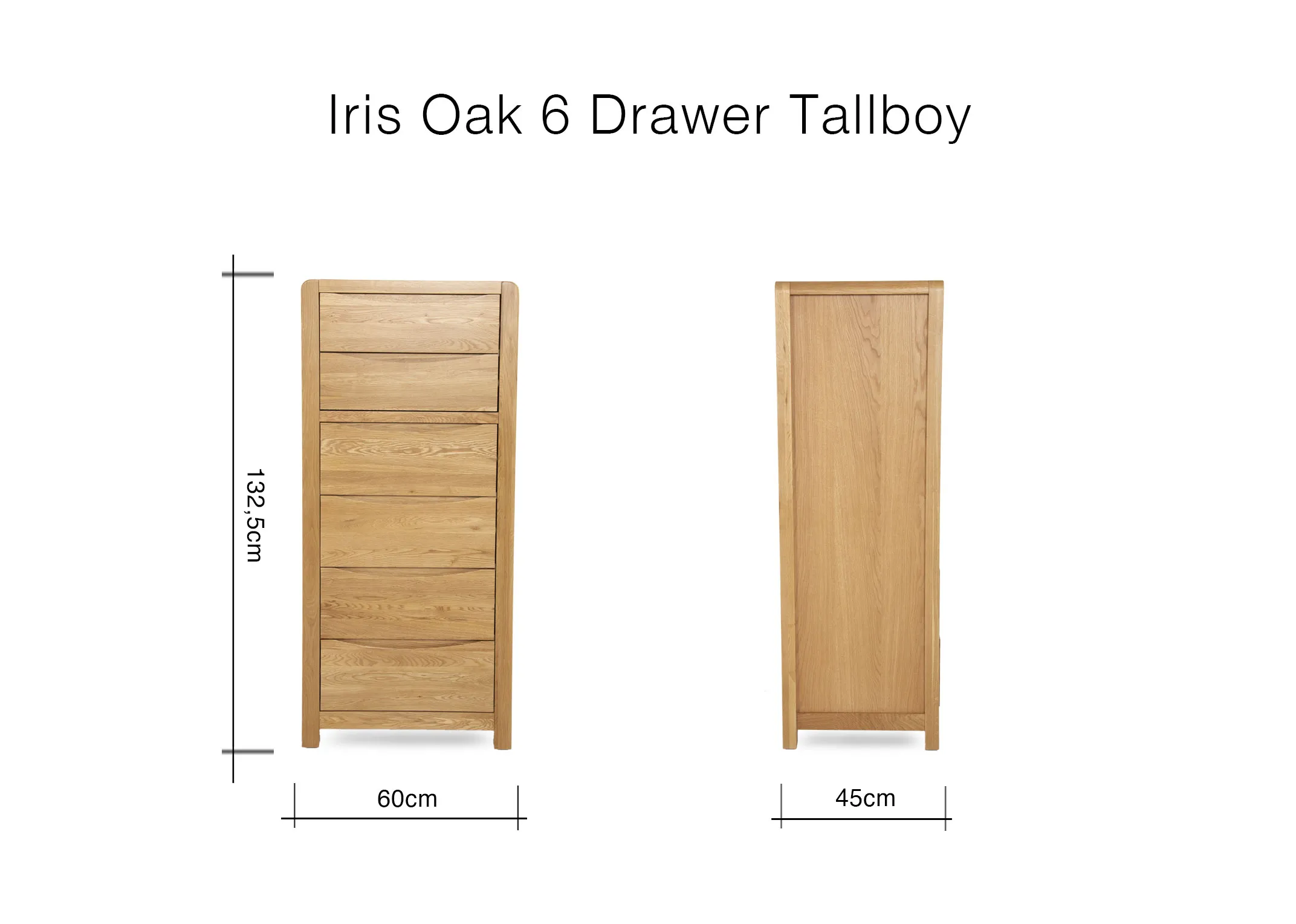 A dimension image of the Iris Tallboy with 60cm (Width) x 45cm (Depth) x 132.5cm (Height)