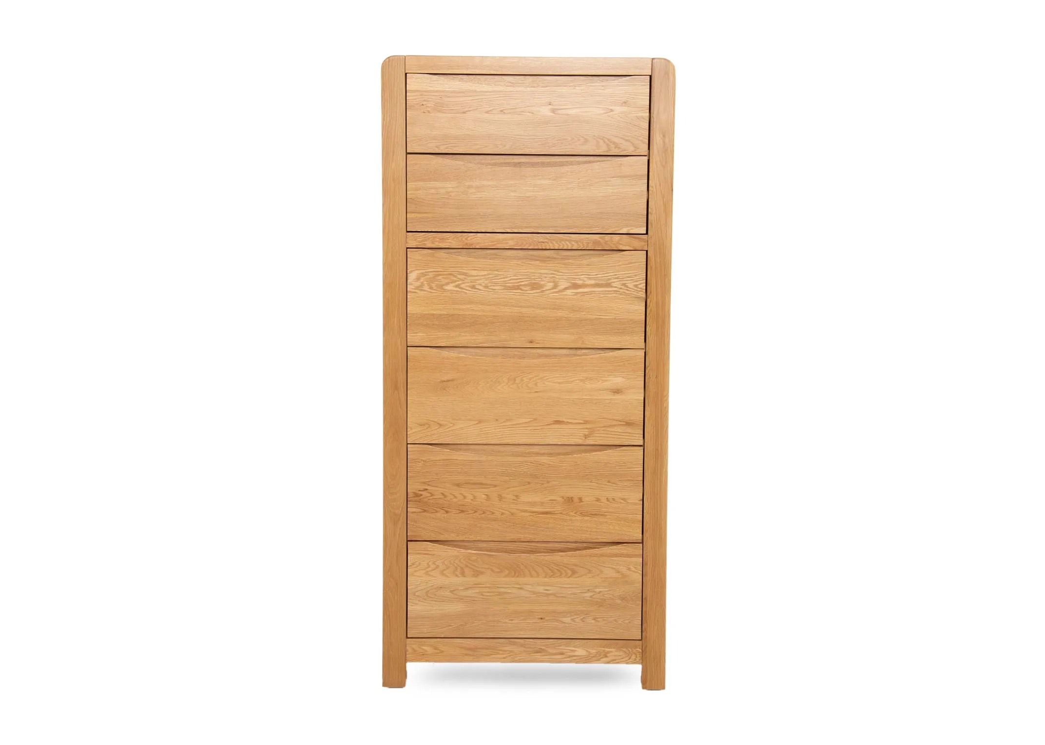 An oak tallboy with 2 over 4 drawers from EZ Livings Iris range. Front view of 6 ample size drawers