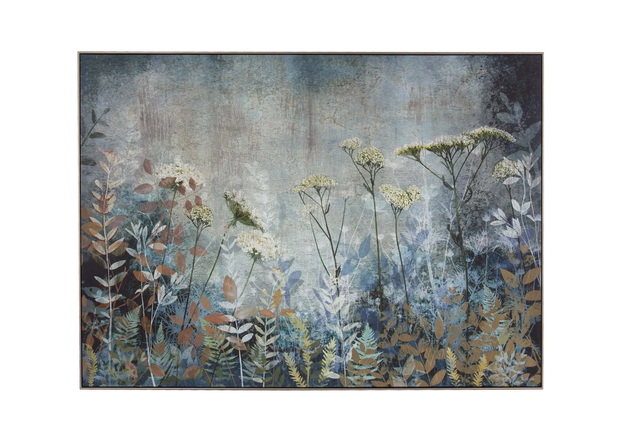 A framed canvas of moody wildflowers from Sabrina Roscinos Fanciful range. Front view of print.
