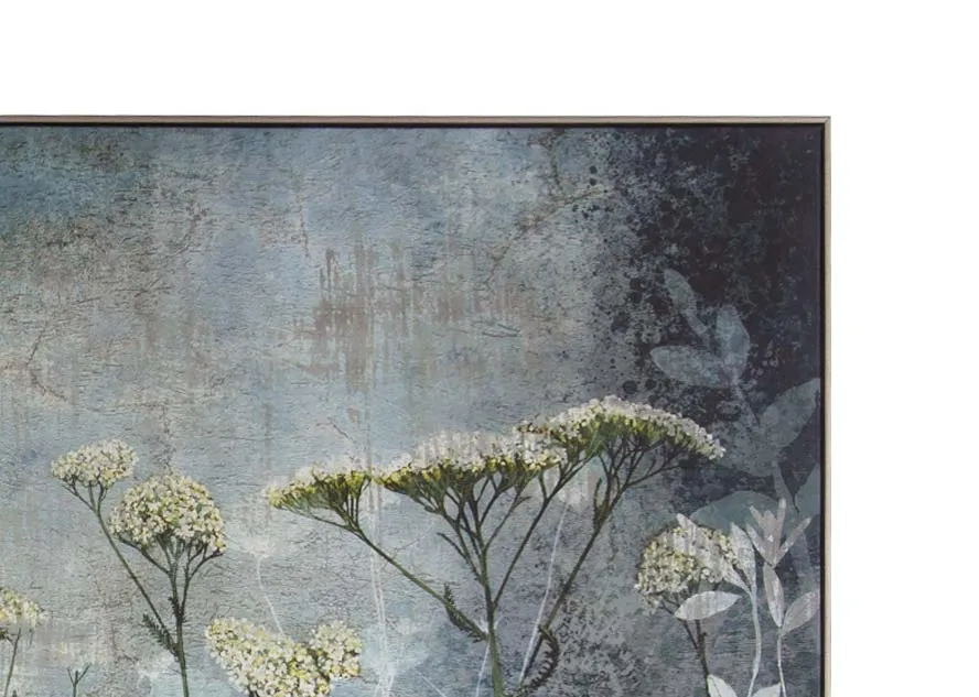 A framed canvas of moody wildflowers from Sabrina Roscinos Fanciful range.  Closeup of silver frame.