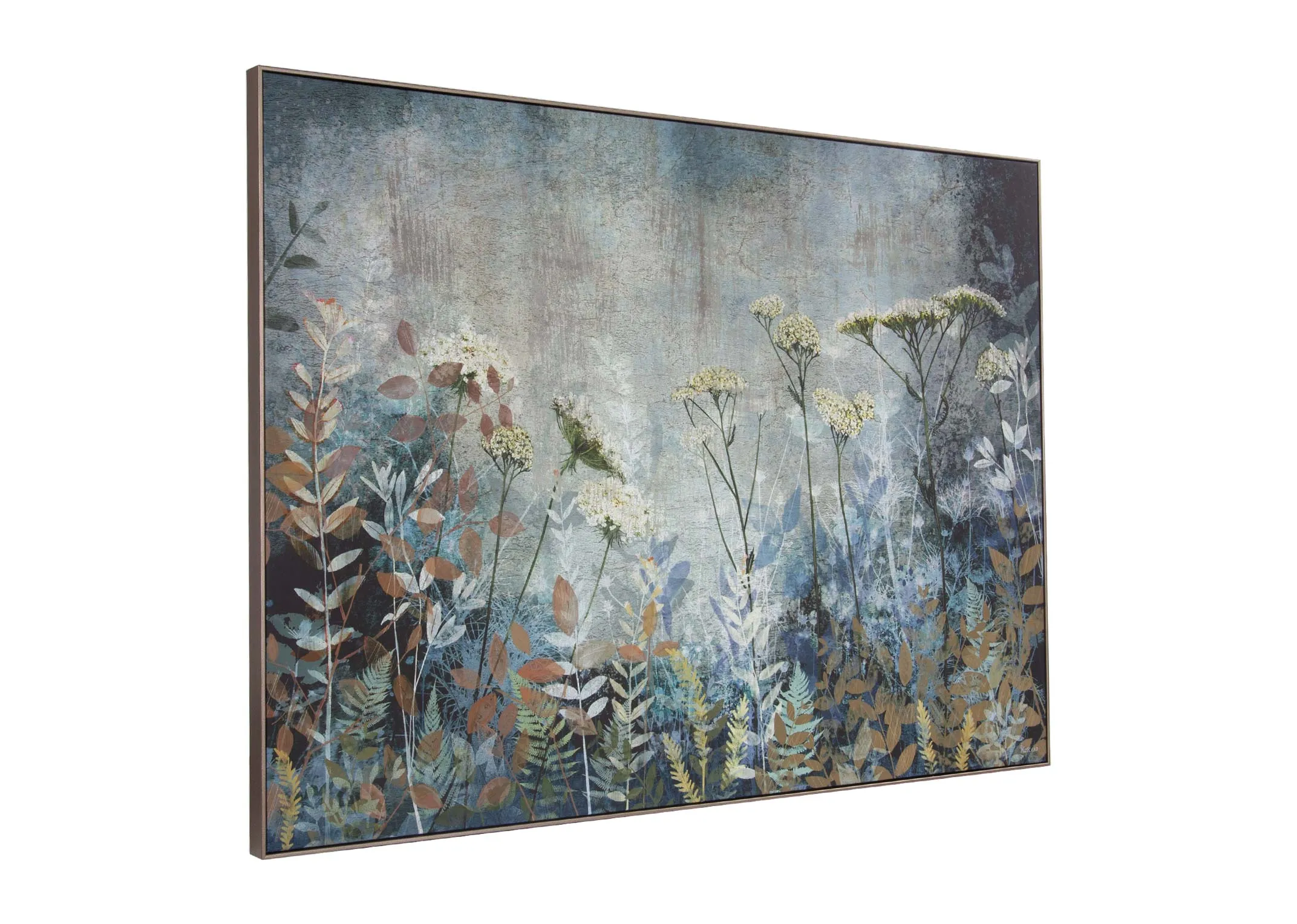 A framed canvas of moody wildflowers from Sabrina Roscinos Fanciful range. Angled view of depth.