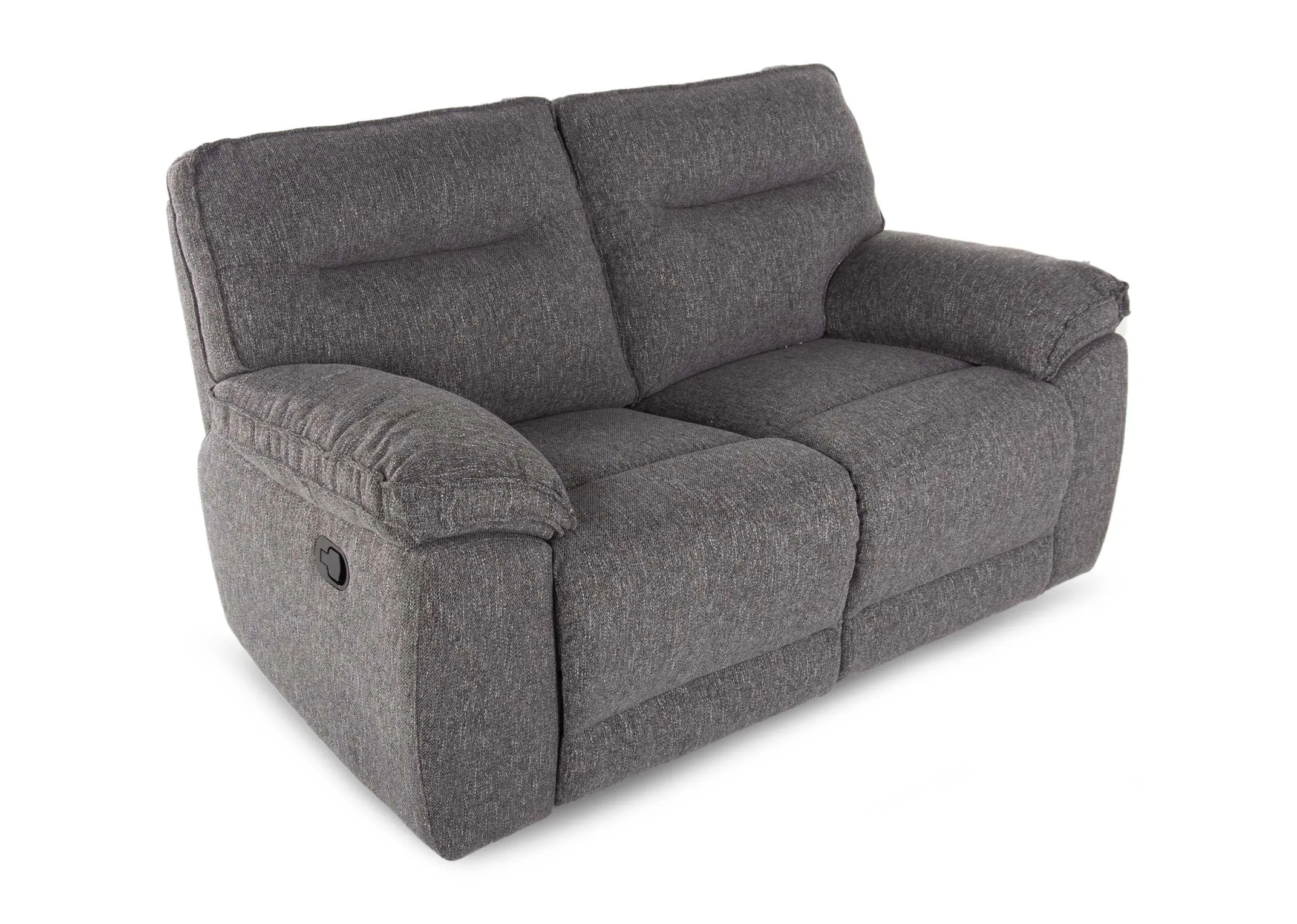 A grey fabric 2 seater recliner sofa from EZ Living Furniture's Cairns range. Angled view of sofa in fixed mode