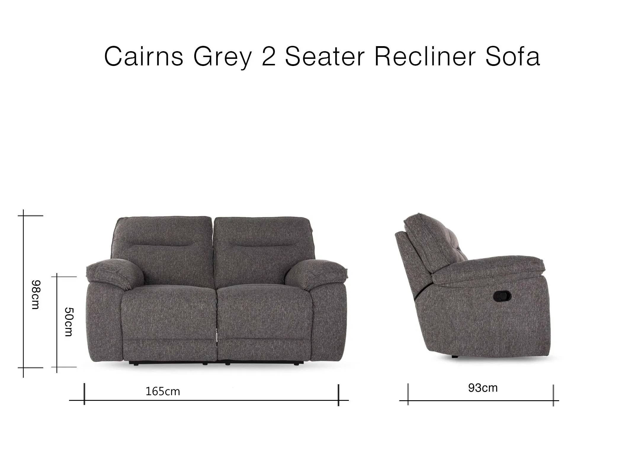 A grey fabric 2 seater recliner sofa from EZ Living Furniture's Cairns range. Back view of warrantied frame