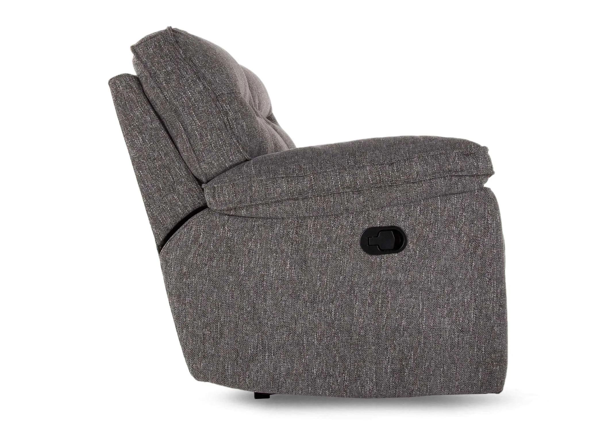 A grey fabric 2 seater recliner sofa from EZ Living Furniture's Cairns range. Angled view sofa reclined