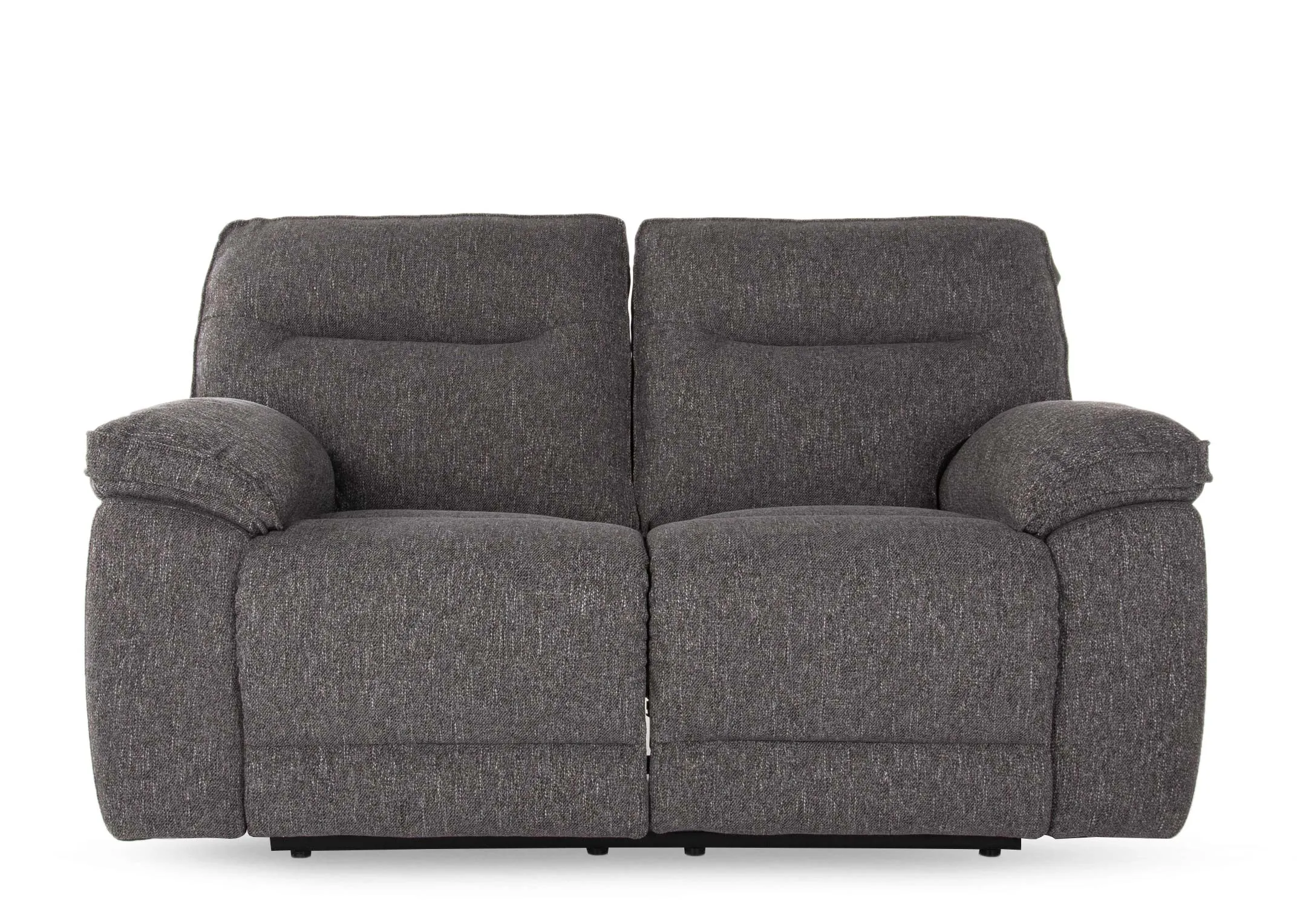 A grey fabric 2 seater recliner sofa from EZ Living Furniture's Cairns range. Side view of recline button