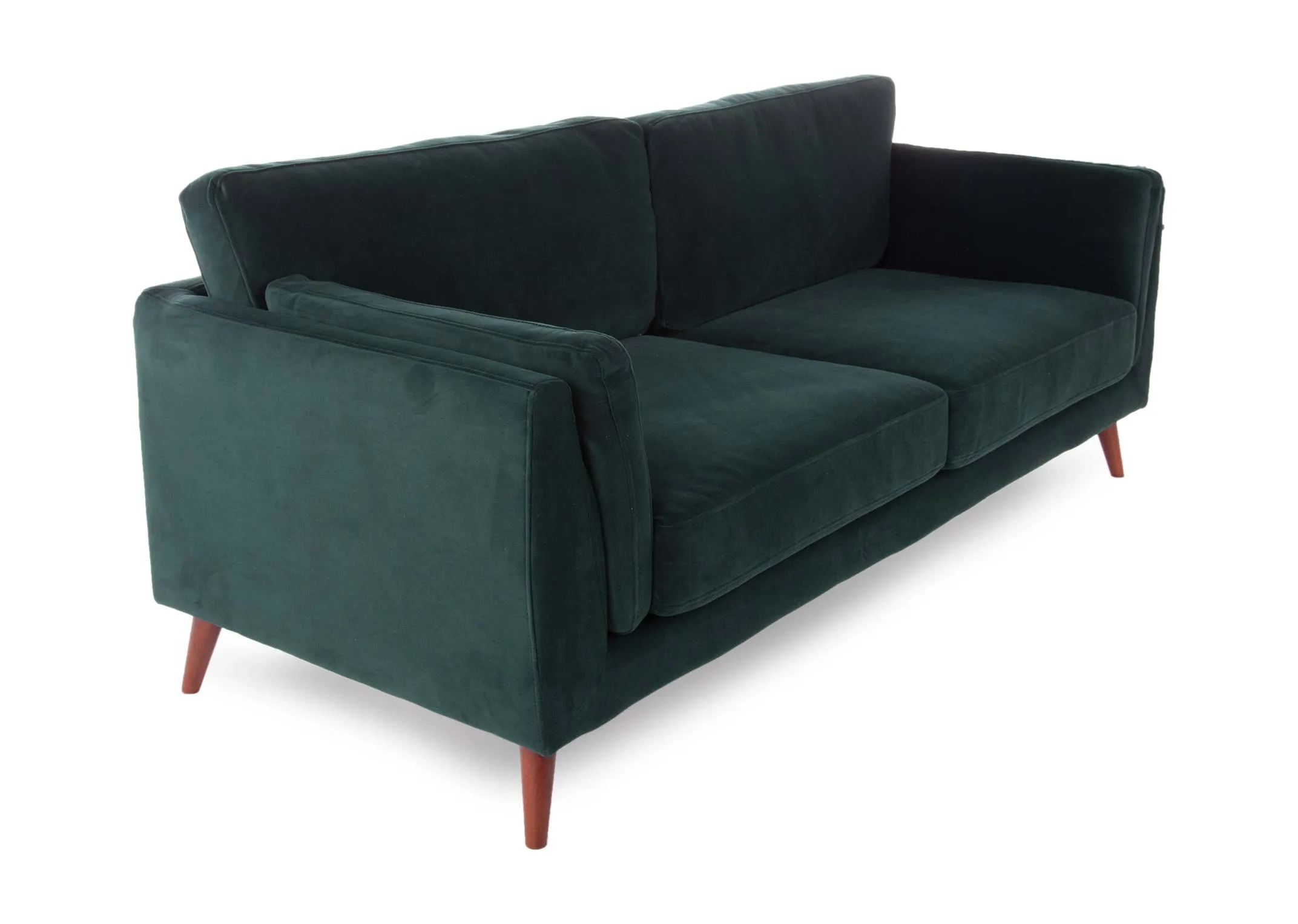 A green velvet 2 seater sofa from EZ Living's Bellini range. Angled view of sofa with dark wood feet.