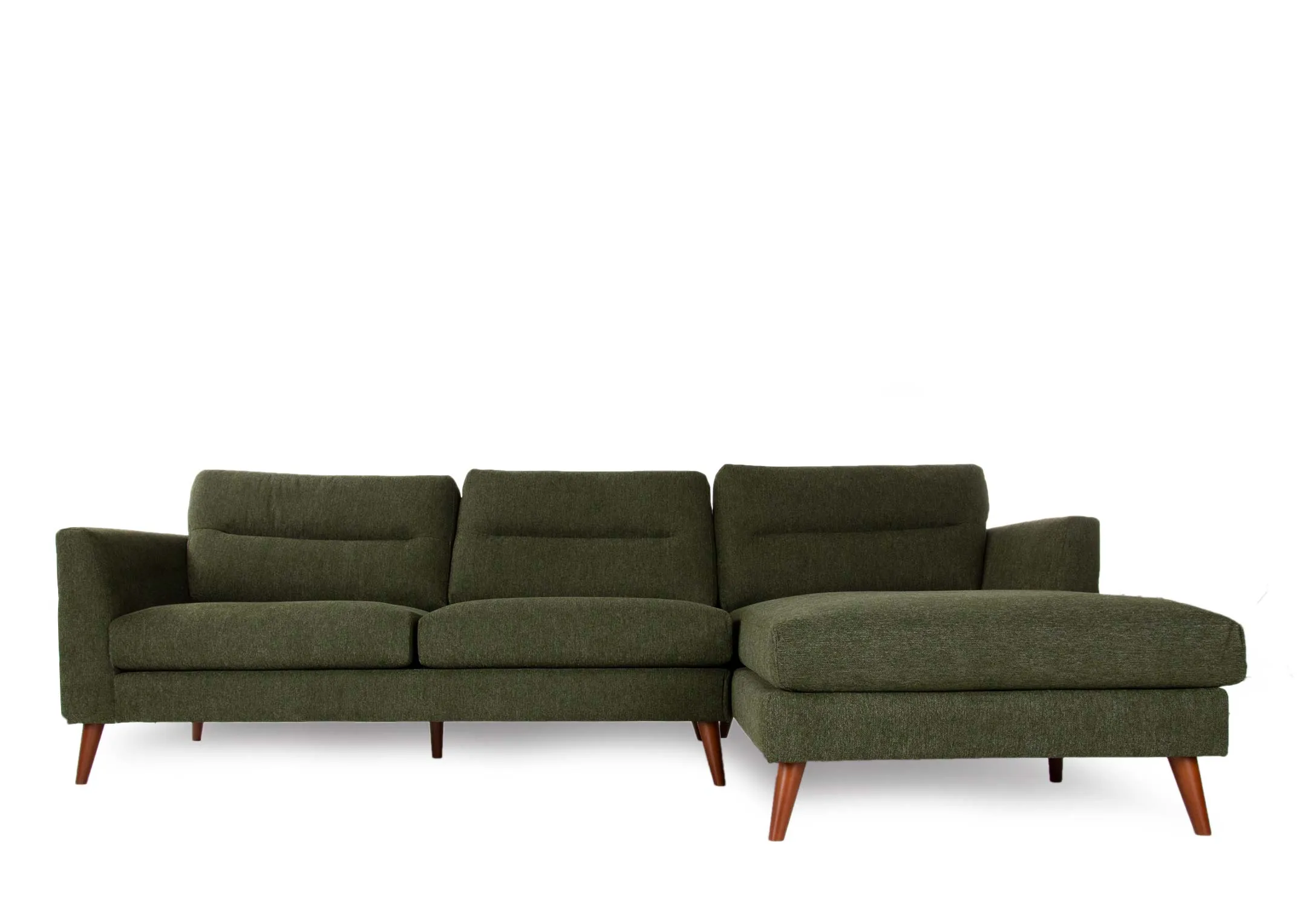 A green fabric right hand corner chaise with wood feet from EZ Living Furniture's Presley range. Front view