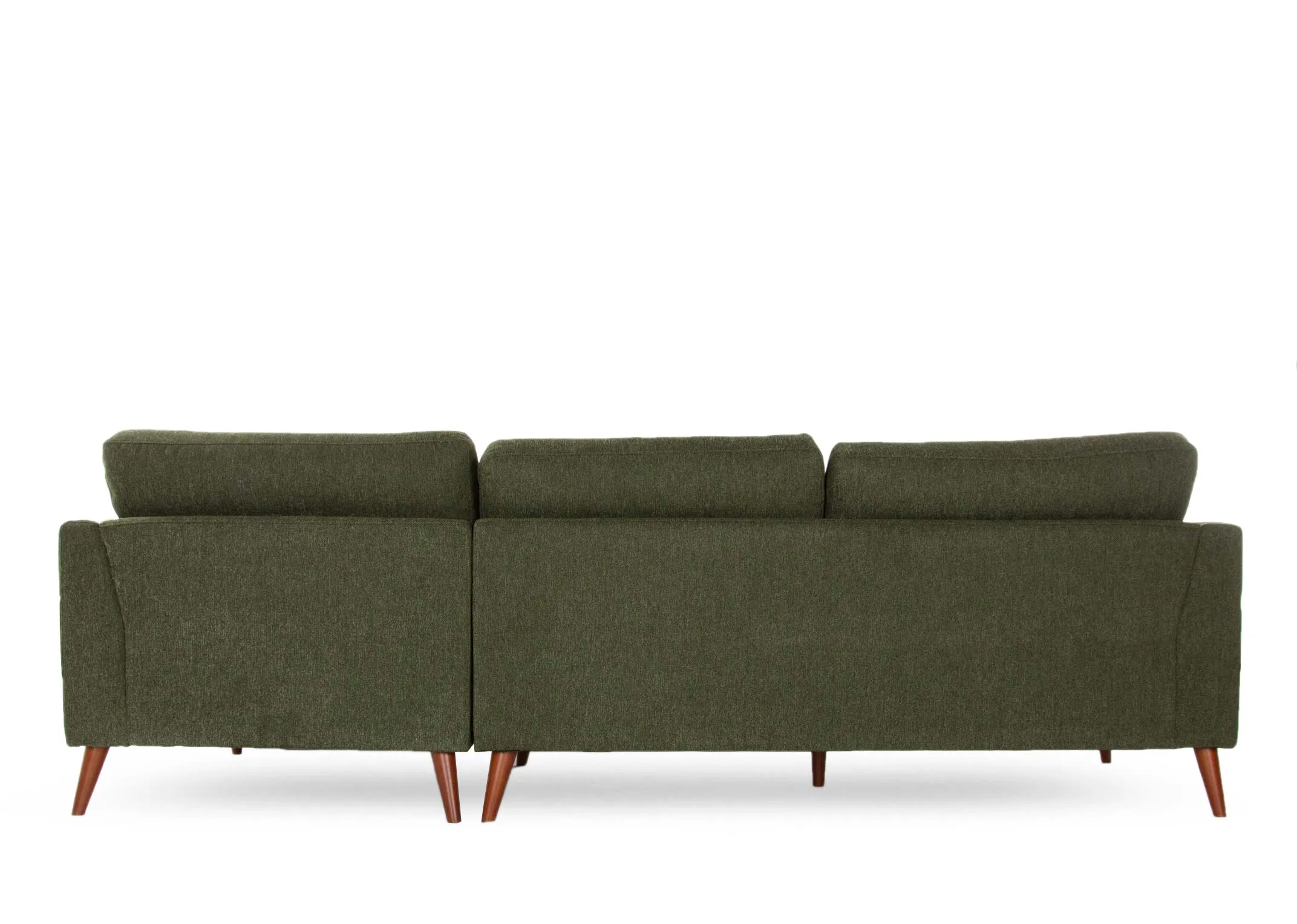 A green fabric right hand corner chaise with wood feet from EZ Living Furniture's Presley range.  Back view of warrantied fra