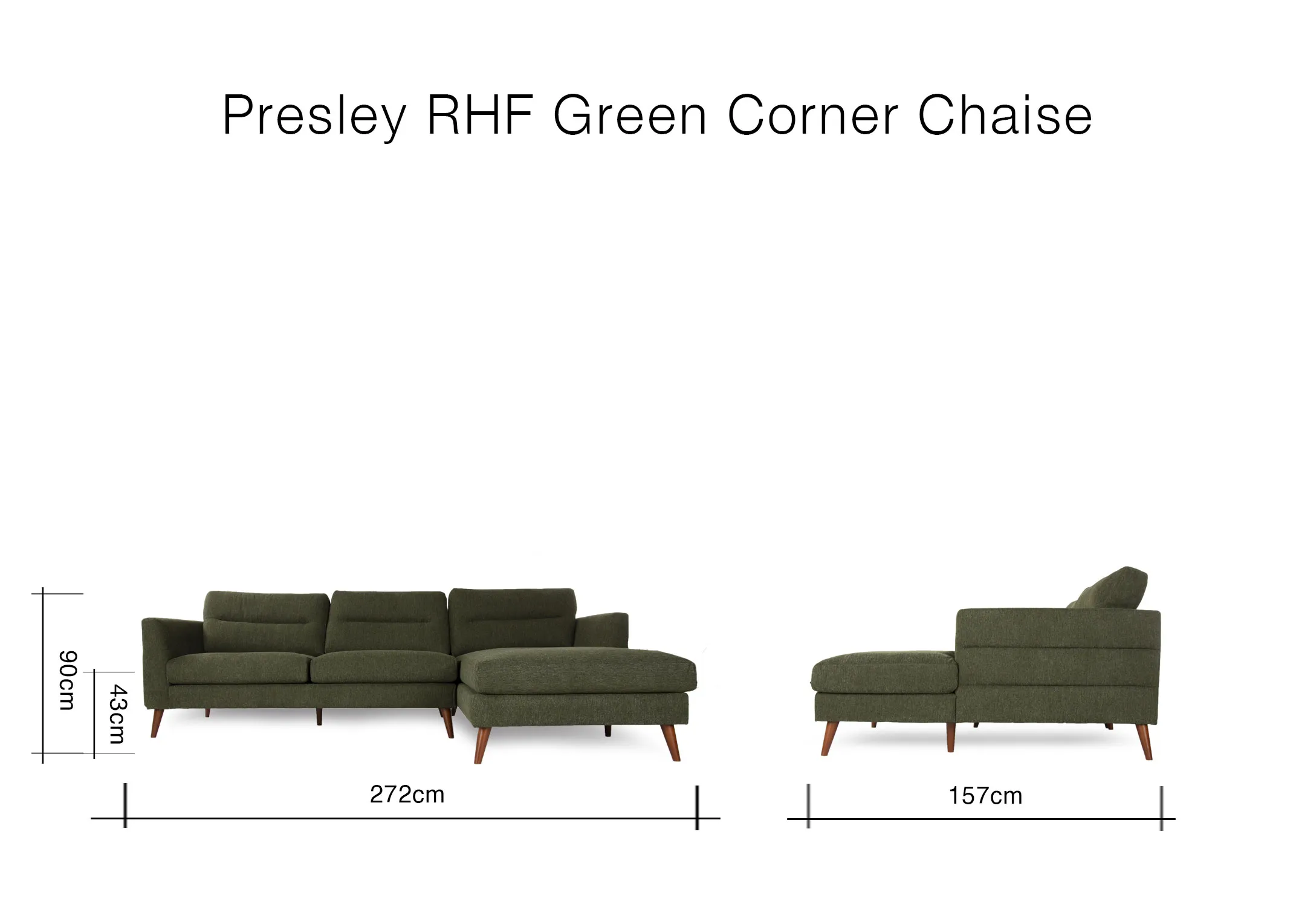 A dimension image of the Presley RHF Green corner chaise with 272cm (Width) x 157cm (Depth) x 90cm (Height)