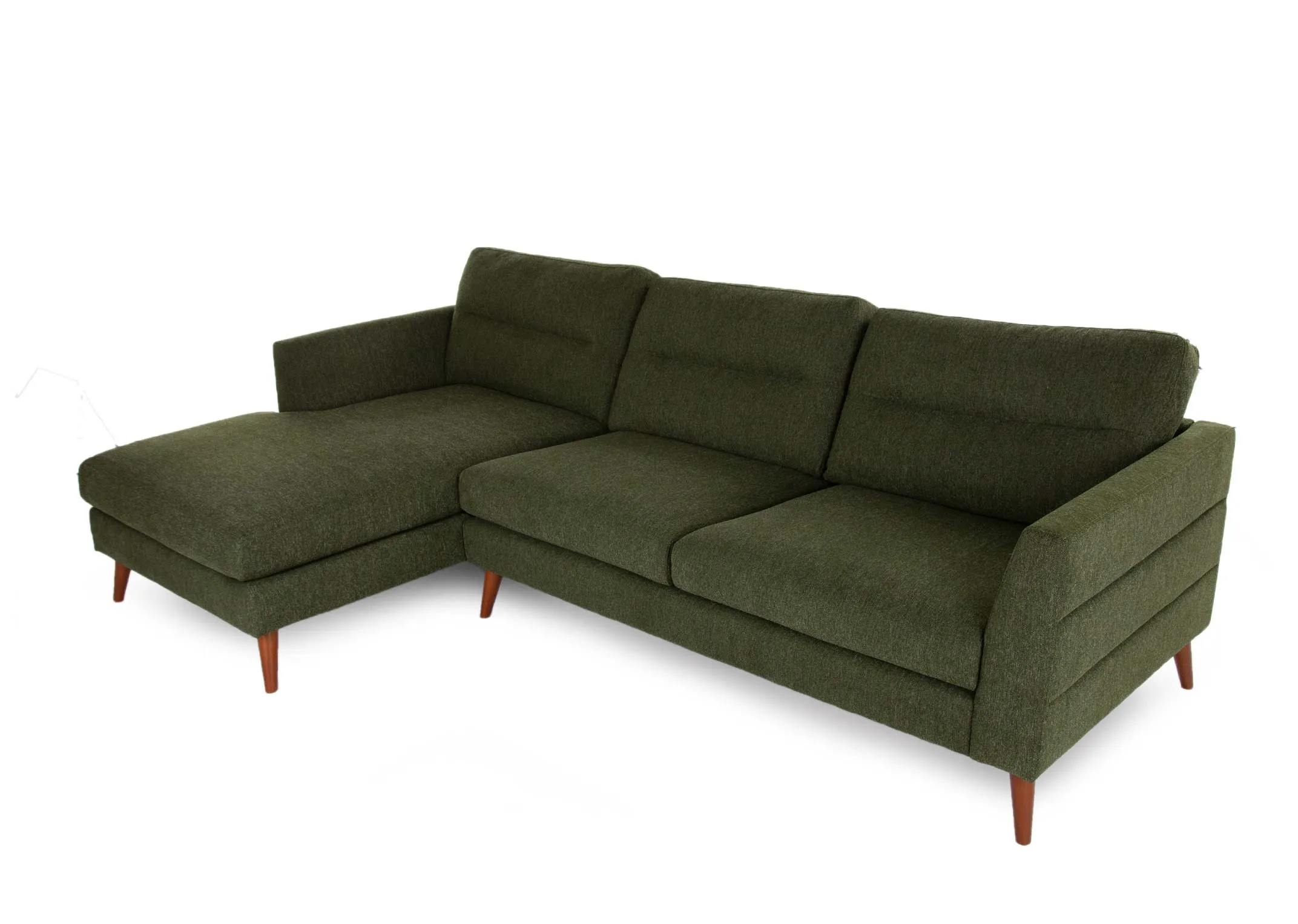 A green fabric left hand corner chaise with wood feet from EZ Living Furniture's Presley range. Angled view of chaise