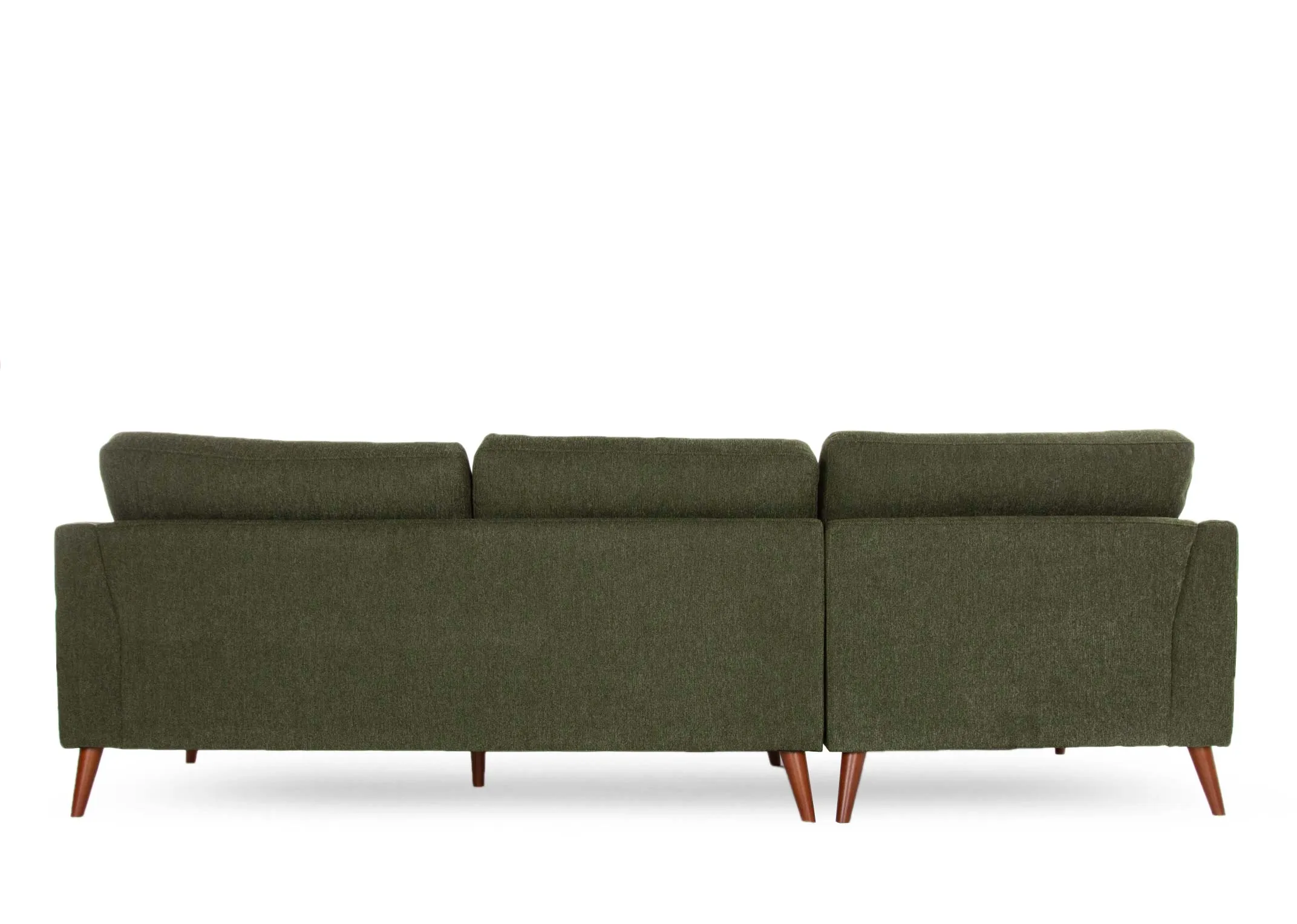 A green fabric left hand corner chaise with wood feet from EZ Living Furniture's Presley range. Back view of warrantied fra