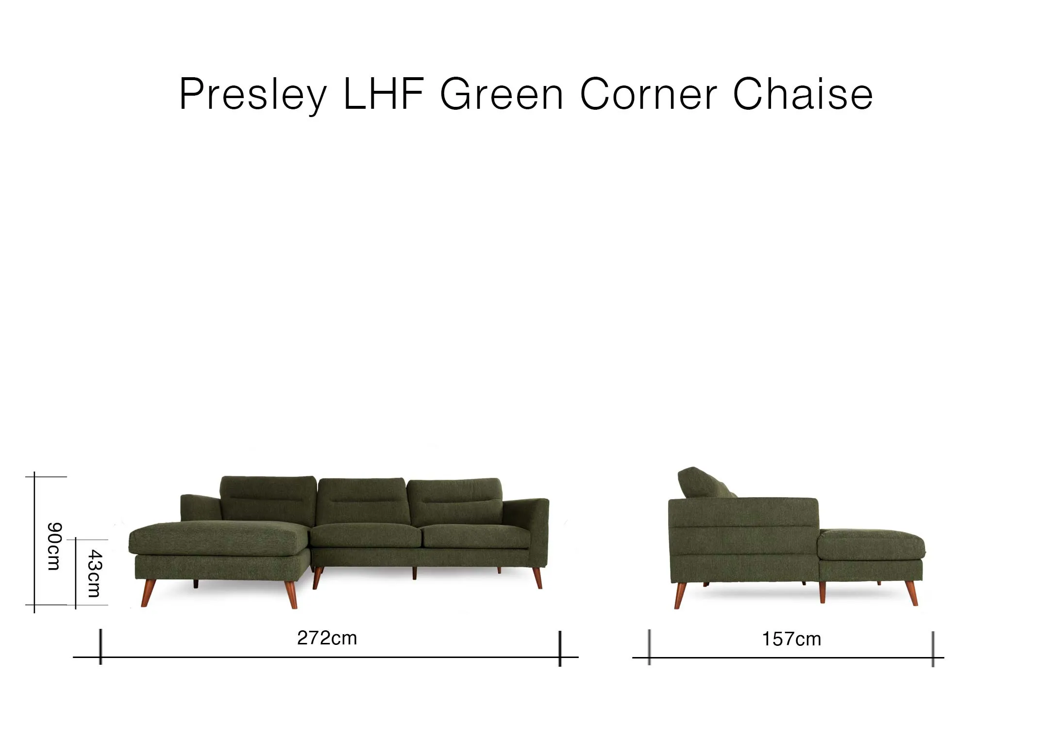 A dimension image of the Presley LHF Green corner chaise with 272cm (Width) x 157cm (Depth) x 90cm (Height)