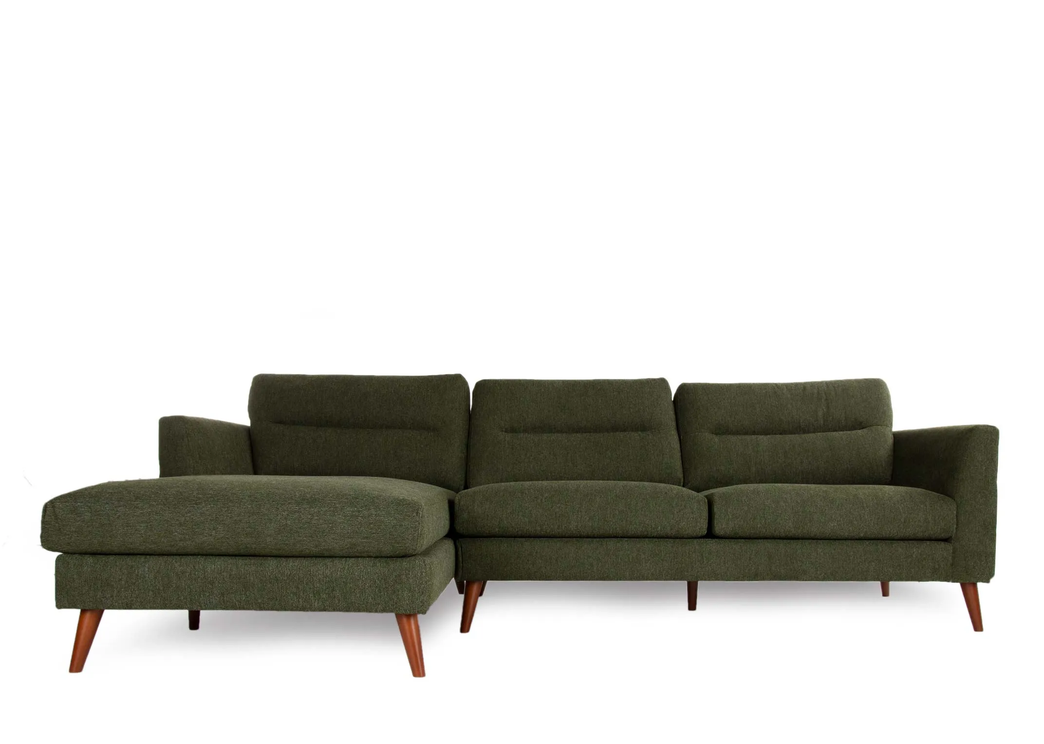 A green fabric left hand corner chaise with wood feet from EZ Living Furniture's Presley range. Front view