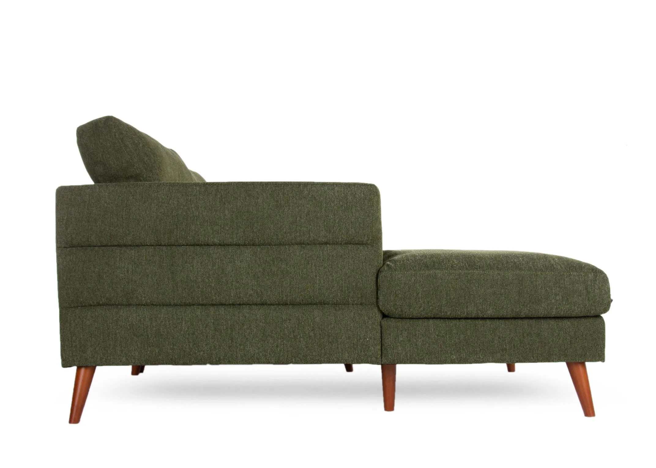 A green fabric left hand corner chaise with wood feet from EZ Living Furniture's Presley range.  Side view of seam detail