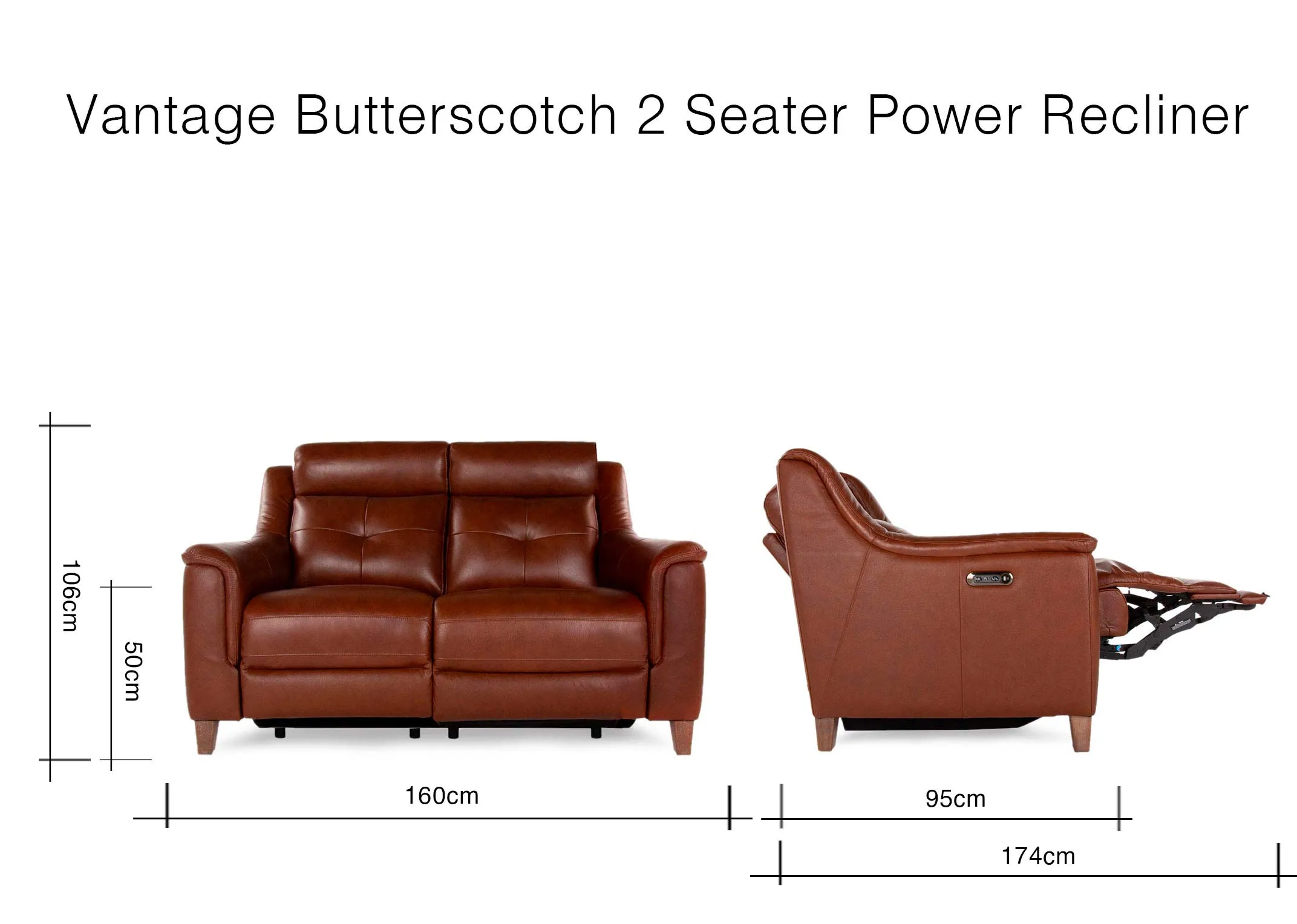 A dimension image of the Vantage 2 seater Recliner with 160cm (Width) x 95cm-174cm (Depth) x 106cm (Height) x 50cm (sh)